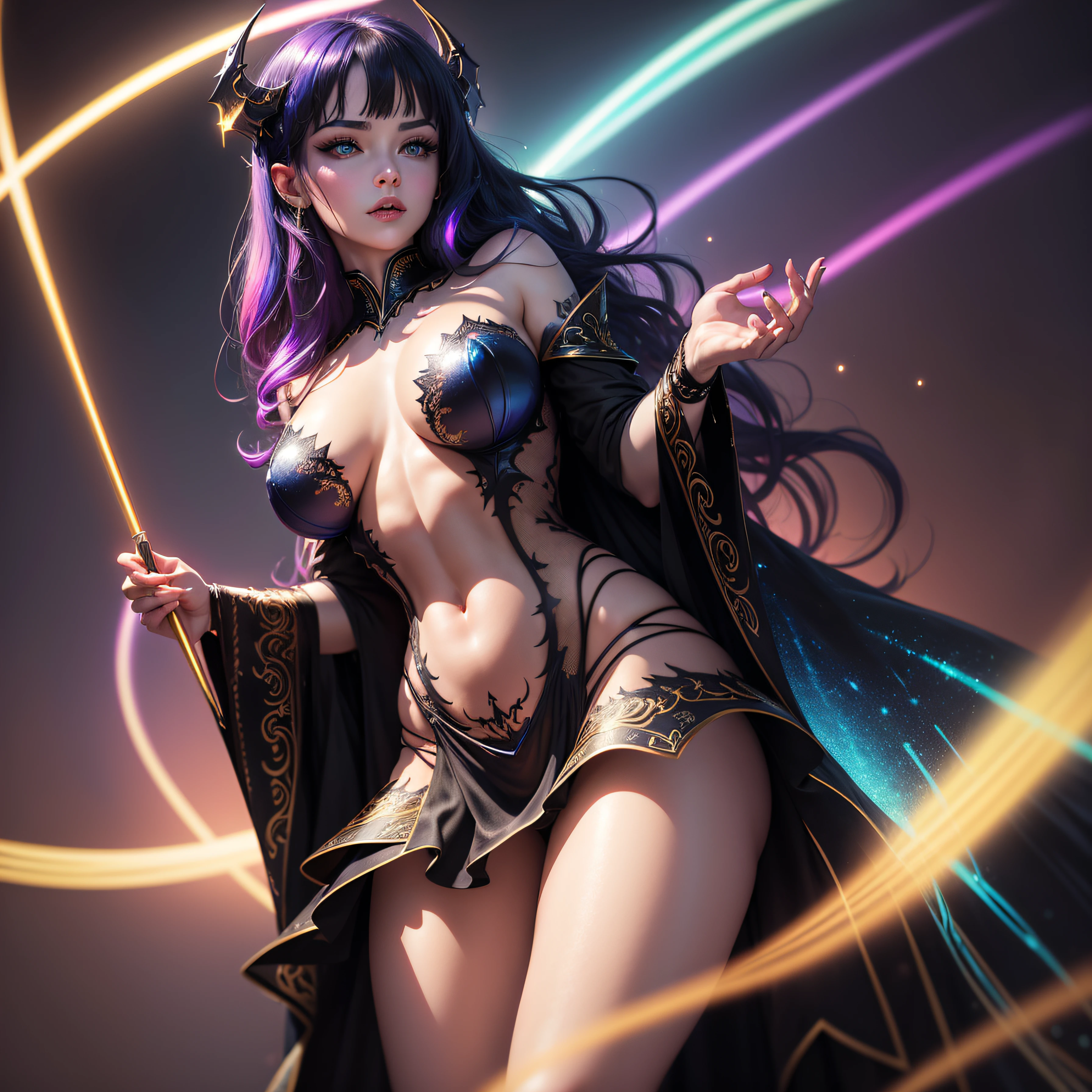 From below, Optimal image, (8K, RAW photo, Realistic), Beautiful Demon Queen, Condescending gaze, Blue sparkling pointed slit eyes, Long eyelashes, Double eyelids, Crimson seductively moist thick big lips, Abs, Slender, perfectly proportions, Big rainbow-colored wings, There is a fireball, Black lace robe, Black body painted suit and gold tattoo, Blurred background fantasy, milky ways, Rainbow-colored light particles, Iridescent lines, Rainbow neon lights, Meticulous and delicate depiction, Professional lighting