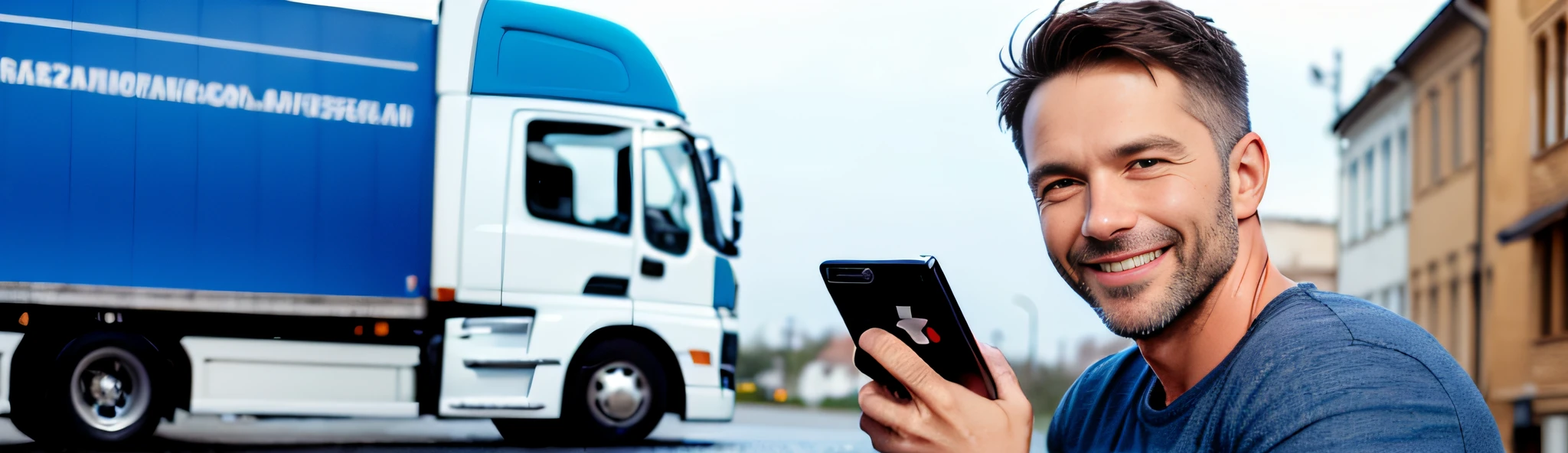 (((European man in his 40s smiling and showing his smartphone))), (((Truck in the background))), blue theme