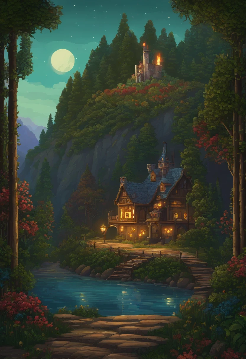 Secluded pixel art, Sateen, natta, fullmoon, beautiful detailed pixel art, Very detailed and rich in color., Super detail color Lowpoly art, detailed pixel art, Very detailed game art, detailed pixel artwork, High Detail Colors, detailed game art, 8k high quality detailed art, Isometric Pixel Art, #pixelart, # pixelart, Very delicate shading, Very detailed and colorful