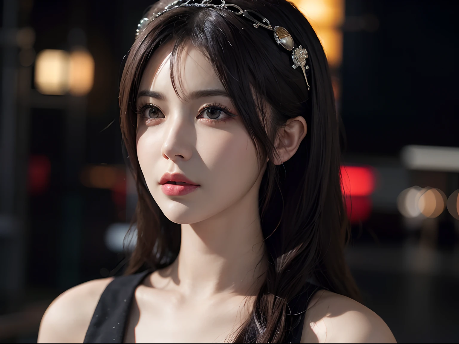 (8K, Raw, Best Quality, Mass: 1.2), (Realistic, Photorealistic: 1.4), (High Quality 8K Wallpaper), sharp focus, depth of field, background blur, bokeh, film lighting, soft light, 29 years old, one woman, full length, Tokyo, night, neon, realistic Portrait, Long hair, Korean makeup. (12K rendering). Description: clean woman, poster, volume lighting, dark, deep shadow, cowboy shot, gray hair, perfect face, symmetrical hazel eyes, stunningly realistic, sadness, tears, top quality. Description: 3D rendering, photo. Tags: octane rendering, intricate detail, cinematic, art station trends, isometric, stunning full color, hand painted, dark, muse, Klimt, high definition, neoprene, portrait, stylized digital art, ultra high definition, great art masterpiece, TanvirTamim,