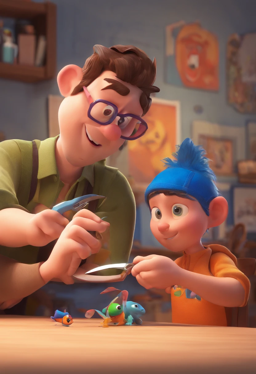 Estilo Pixar: The grown man is holding a naked blue-eyed boy and in his other hand he is holding a pair of scissors and is trying to cut off the boy's testicles,3D Poster,Disney
