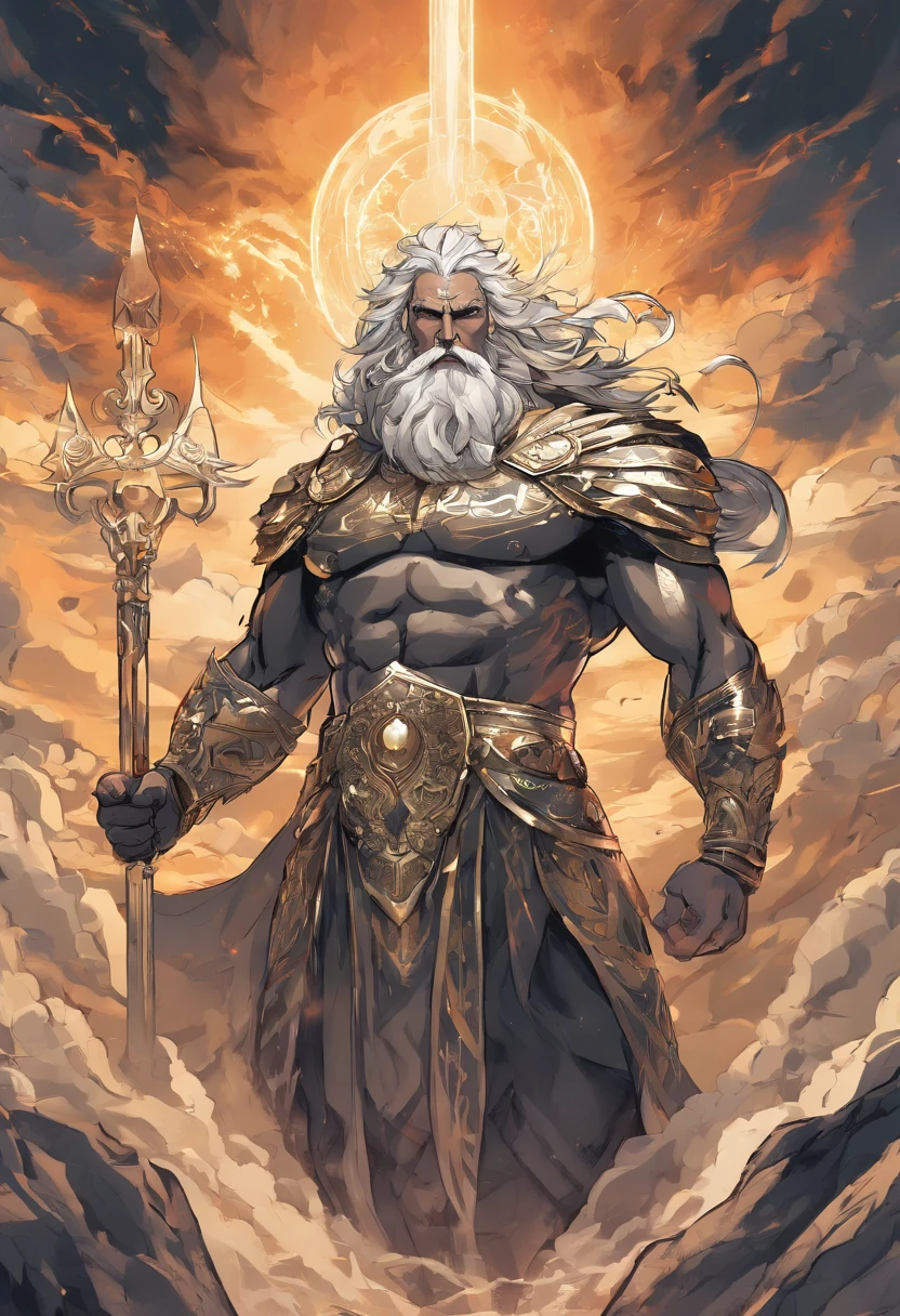Zeus smiling while walking on the seas in a lightning storm