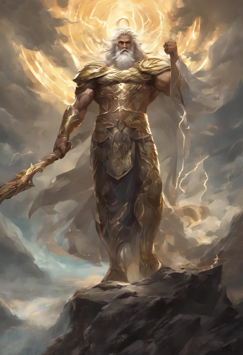 Best quality,Ultra-detailed,Realistic:1.37,Portrait,Gray-haired, Zeus with a mature face,[Strong, The cleavage protrudes, musculous],[Wise, Powerful, majestic-looking],[Deep, piercing eyes],[Majestic, Flowing beard],[The cleavage protrudes, defined cheekbones],[Imposing, Imperial expression],[God-like aura],Stormy weather,thunderclap,Cloudy sky,Ancient Greek mythology,Divine Ruler of God and Man,Rule the heavens,[Golden crown, Shines with the light of authority],[Robes, flowing in the wind],[Thunderous sound, Echo in the sky],mountain peaks,Olive wreath,Marble Temple,Electricity,strength,All-knowing and all-powerful God,contrasting shadows,dark linework,Subtle color palette,mythological creatures,salama,destructive forces,Nature's wrath,Um ser celestial,undying,wisdom,and justice,Looking down on the mortal world,Instill fear and awe,Father of the gods,Bright, vibrant sky,Holding a scepter,Exudes raw power and dominance,The all-powerful ruler of Mount Olympus,Very similar to the wise and powerful king,The divine light illuminated his existence,Thunderous sound,Roaring like thunder,An aura of overwhelming strength and wisdom