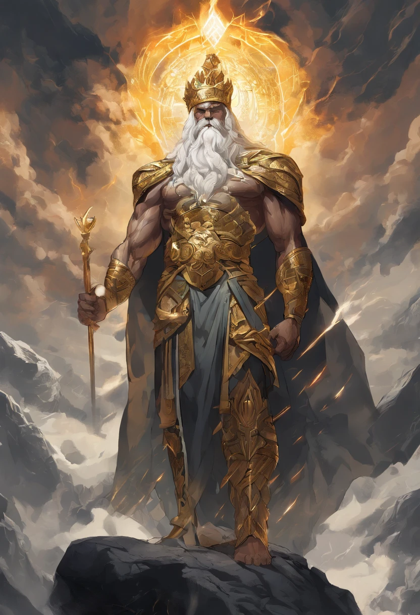 Best quality,Ultra-detailed,Realistic:1.37,Portrait,Gray-haired, Zeus with a mature face,[Strong, The cleavage protrudes, musculous],[Wise, Powerful, majestic-looking],[Deep, piercing eyes],[Majestic, Flowing beard],[The cleavage protrudes, defined cheekbones],[Imposing, Imperial expression],[God-like aura],Stormy weather,thunderclap,Cloudy sky,Ancient Greek mythology,Divine Ruler of God and Man,Rule the heavens,[Golden crown, Shines with the light of authority],[Robes, flowing in the wind],[Thunderous sound, Echo in the sky],mountain peaks,Olive wreath,Marble Temple,Electricity,strength,All-knowing and all-powerful God,contrasting shadows,dark linework,Subtle color palette,mythological creatures,salama,destructive forces,Nature's wrath,Um ser celestial,undying,wisdom,and justice,Looking down on the mortal world,Instill fear and awe,Father of the gods,Bright, vibrant sky,Holding a scepter,Exudes raw power and dominance,The all-powerful ruler of Mount Olympus,Very similar to the wise and powerful king,The divine light illuminated his existence,Thunderous sound,Roaring like thunder,An aura of overwhelming strength and wisdom