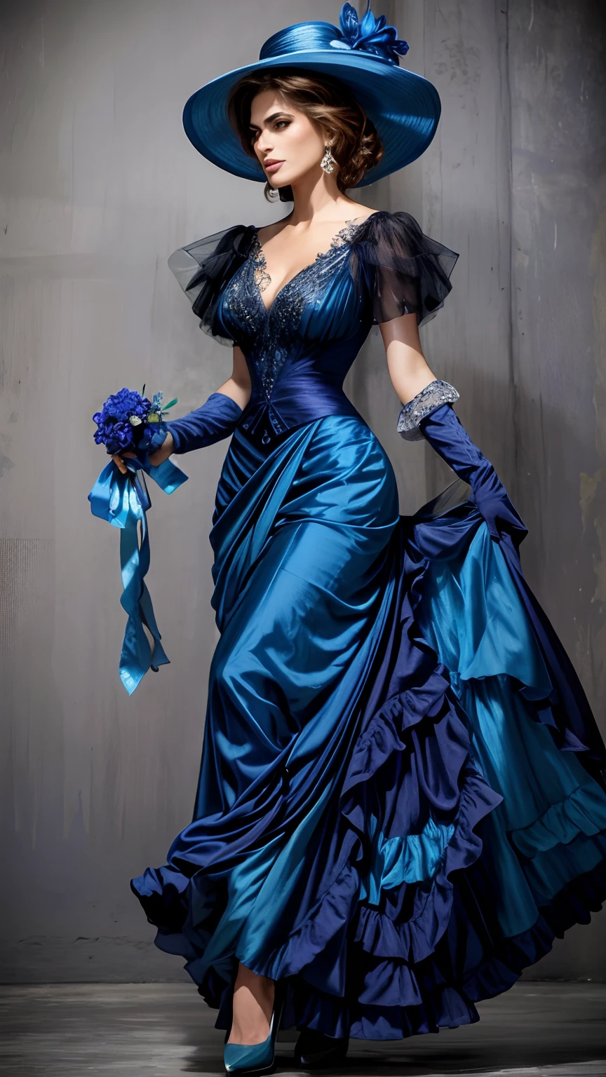 Eine Nahaufnahme einer Frau (Eva Mendes) in einem blauen Kleid und Hut, das Kleid hat einen tiefen Ausschnitt, The woman has a beautiful bosom, Viktorianisches blaues Kleid, elegante Frau, to wear a magnificent dress