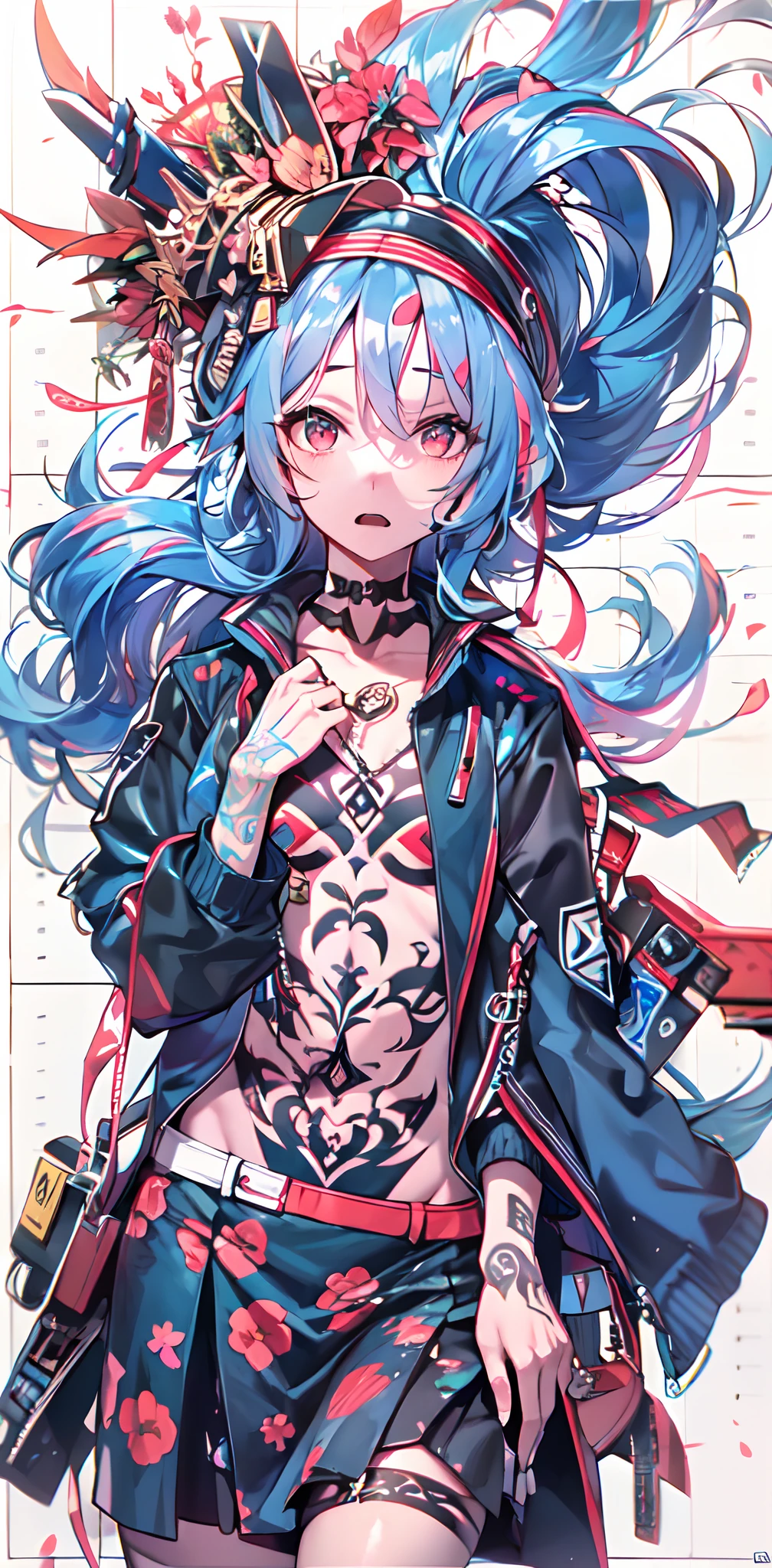 (masterpiece:1.2), (pale skin:1.2), (solo:1.2), (female:1.1), (emphasis lines:1.3), (blue hair:1.3), long hair, headwear, blue skirts, wall, open jacket, tattoos, hip lines, collarbone