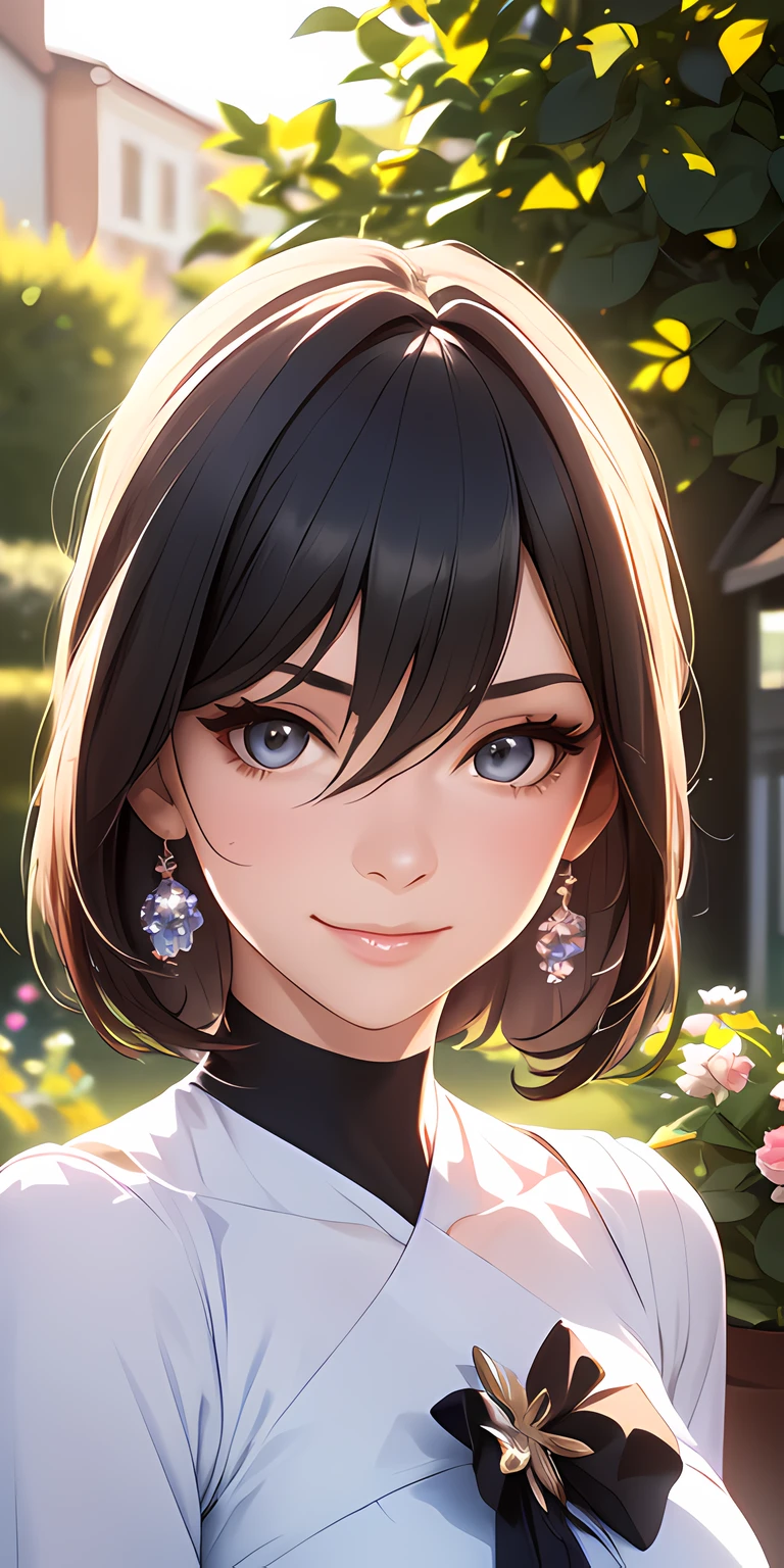 (best quality,4k,8k,highres,masterpiece:1.2),ultra-detailed,(realistic,photorealistic,photo-realistic:1.37),beautiful detailed eyes,beautiful detailed lips,extremely detailed eyes and face, ph bronya, 1girl
, grey hair, longeyelashes,medium:oil painting,garden setting,joyful expression,lovely smile,a slice of delicious cake,baking tools on the table,floral dress,feminine posture,soft lighting,warm color tones,blurred background