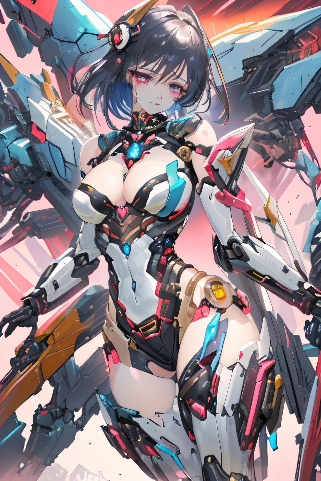 AI painting: Let your imagination run wild,Give me a hint on the mecha theme, Female characters are required to be beautiful and sexy, vibrant with colors, Enchanted expression, heart shape eye,Crying,Tears welled up in his eyes,Drops on white breasts