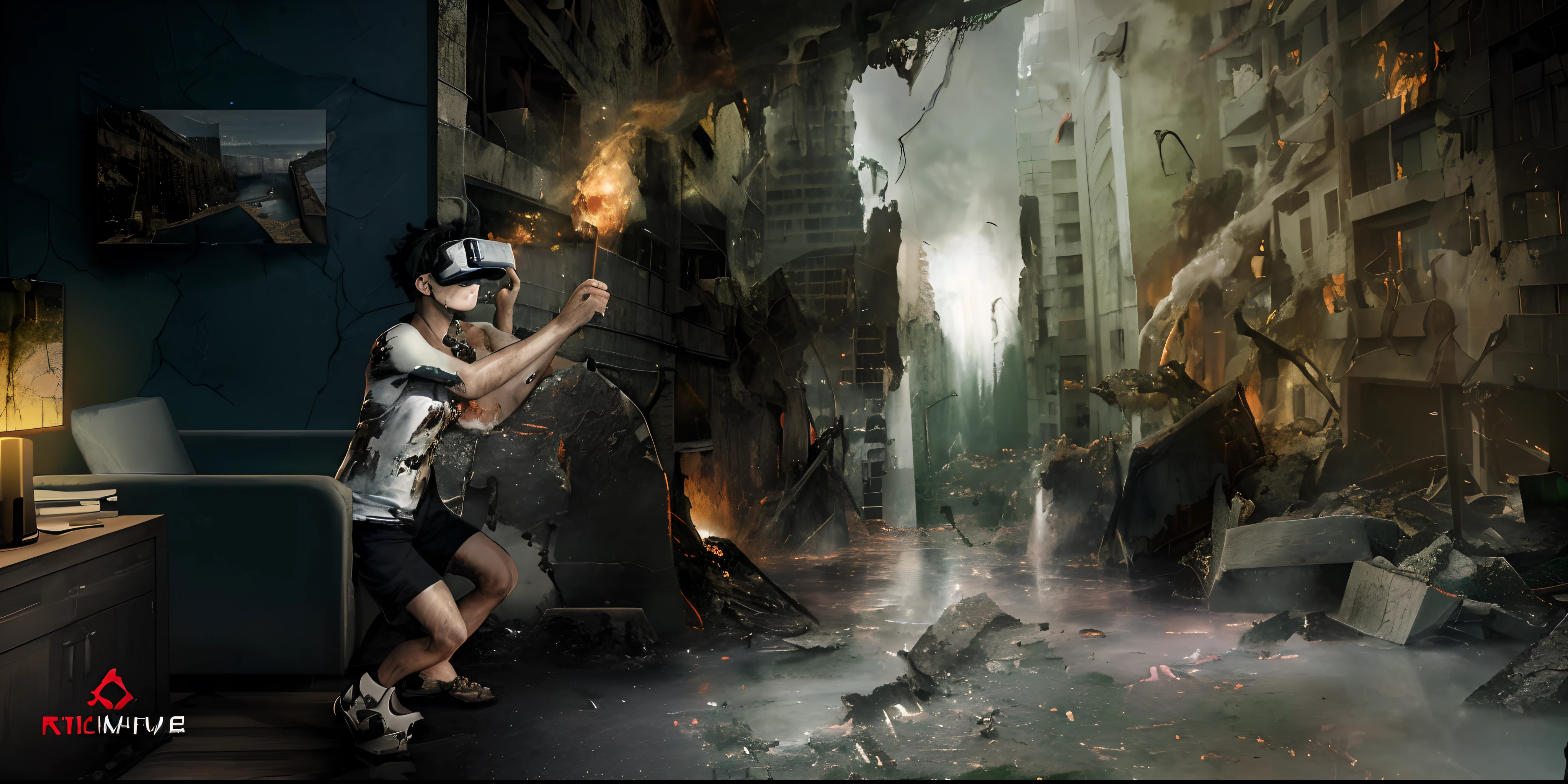 There was a guy in the room with a VR,Composite poster， destroying a cityscape, Armageddontic future，floods，salama， destroyed city on fire, Doomsday scenario, Crafted in a post-apocalyptic wasteland，Depth，high qulity，Realiy，hyper HD