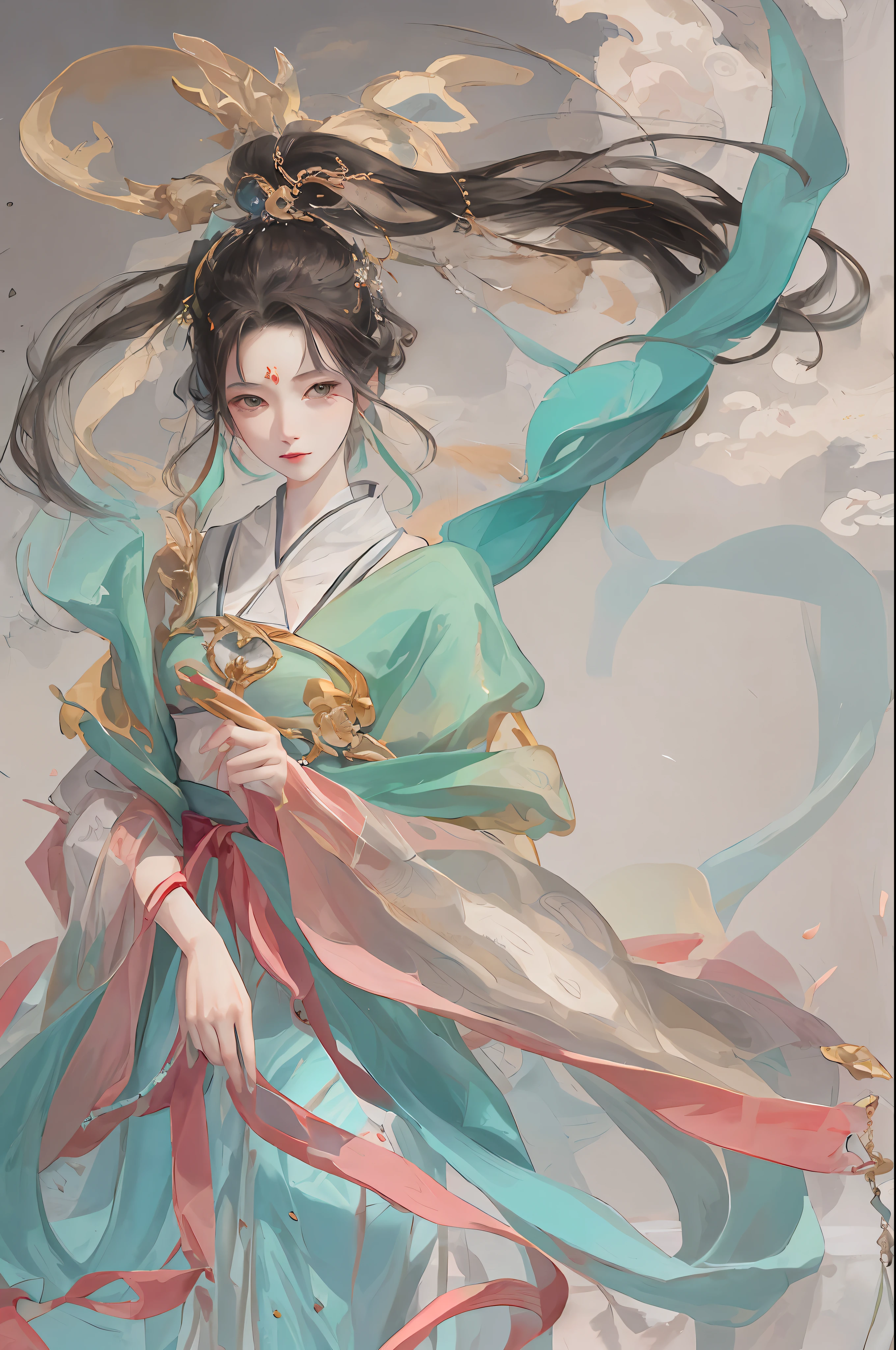 An ancient Chinese beauty sitting on a stone, wearing ancient Chinese clothing, flowing tulle, light silk, lazy posture, large lotus leaf, lotus, ink painting style, clean color, decisive cutting, blank, freehand, masterpiece, super detailed, epic composition, high quality, the highest quality, 4k --v 6