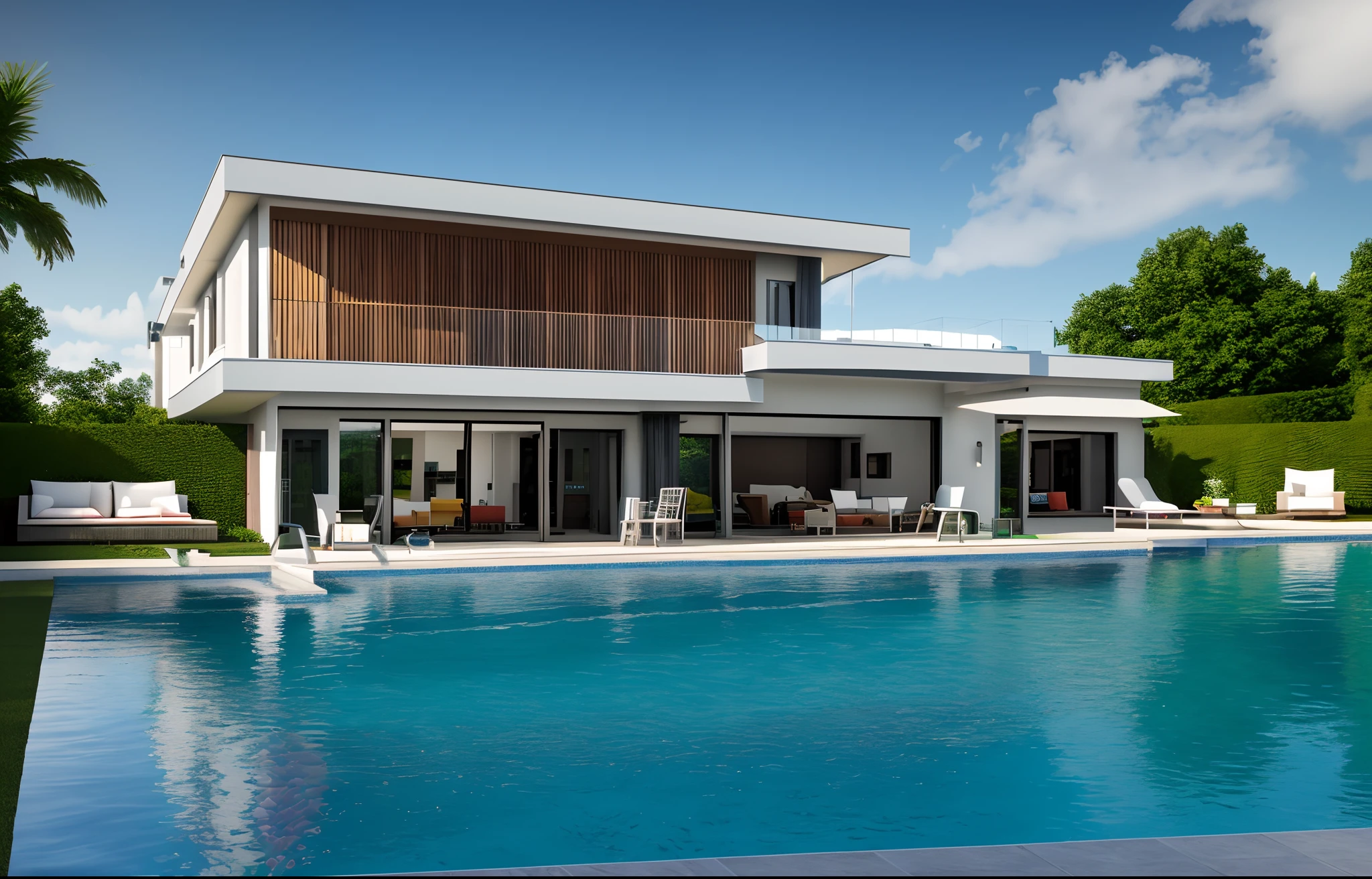 A MODERN VILLA WITH A SWIMMING POOL, TROPICAL STYLE, sunny day, WARN LIGHT, realistic photo, 3d render