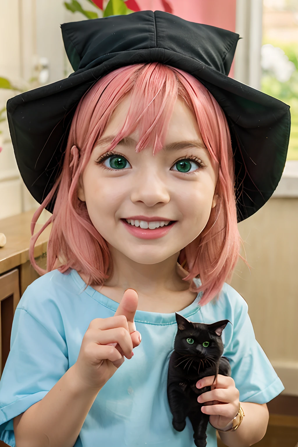 5years old　An anime girl with pink hair and green eyes、Pointing something with a surprised look and a black cat hat、(1girl in:0.992)、(:d:0.583)、(bangss:0.701)、(red blush:0.584)、(verd s eyes:0.992)、(Look at viewers:0.711)、(Opening Mouth:0.760)、(A pink-haired:0.917)、(bow ribbon:0.826)、(shorth hair:0.571)、(a smile:0.855)、(独奏:0.949)、(tusk:0.770)、 (The upper part of the body:0.760)