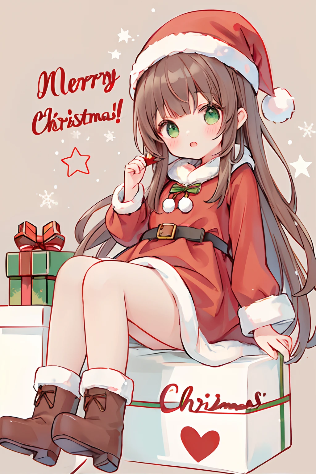 The upper part of the body、Christmas、(Christmas、1girl in、cute little、)Santa's Hat、Santa's Clothes、onepiece、Long、long boots、Brown long boots、present、Dark brown long hair、Green eyes(Masterpiece、8K、The upper part of the body、)((The letters Merry Christmas))Background Simple