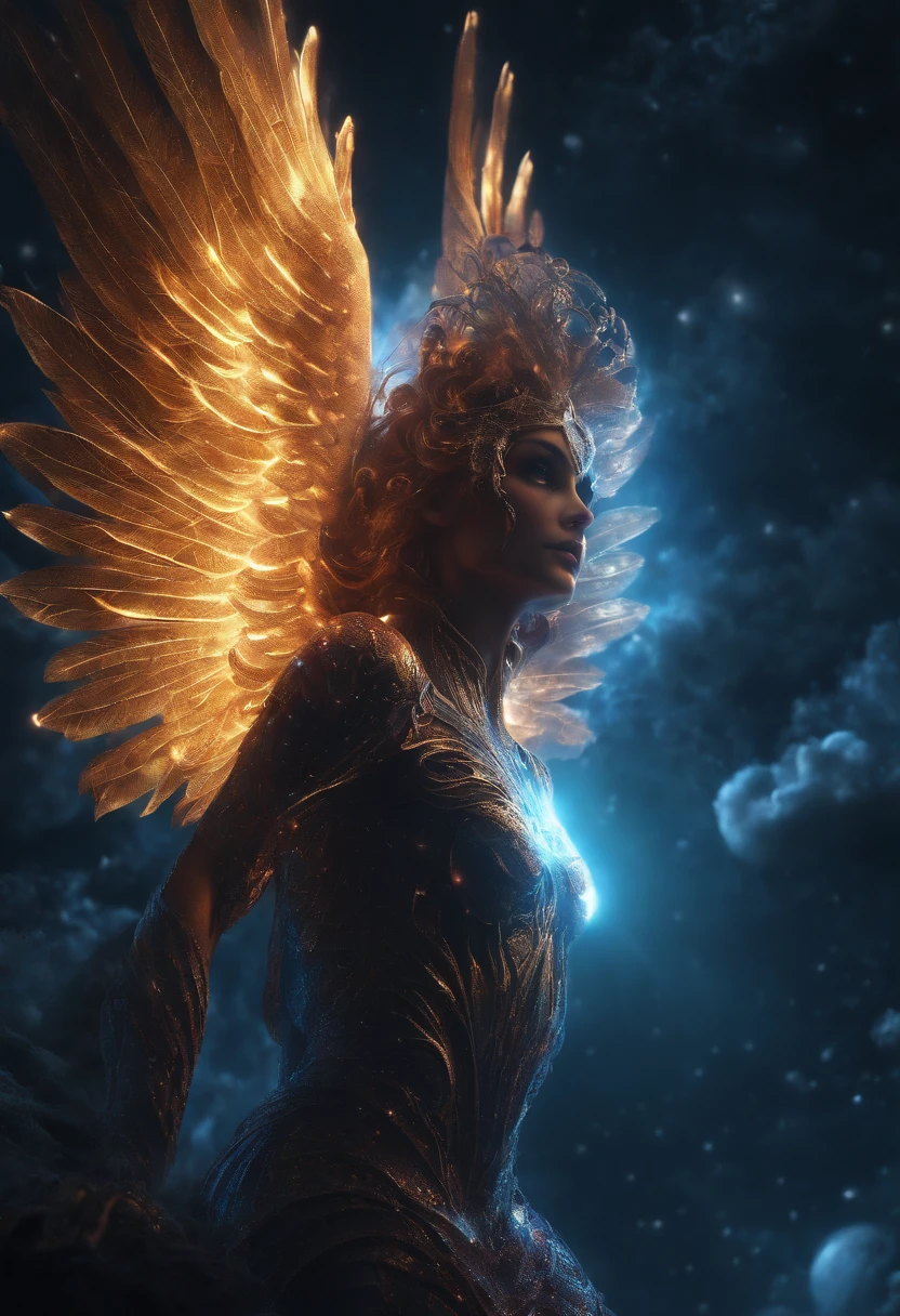 Cosmic Fallen Angel, glowing light eyes, Biomechanical, eerie, Creepy, nightmarish, Very bright colors, Light particles, with light glowing, Mshiv, wallpaper art, UHD wallpaper