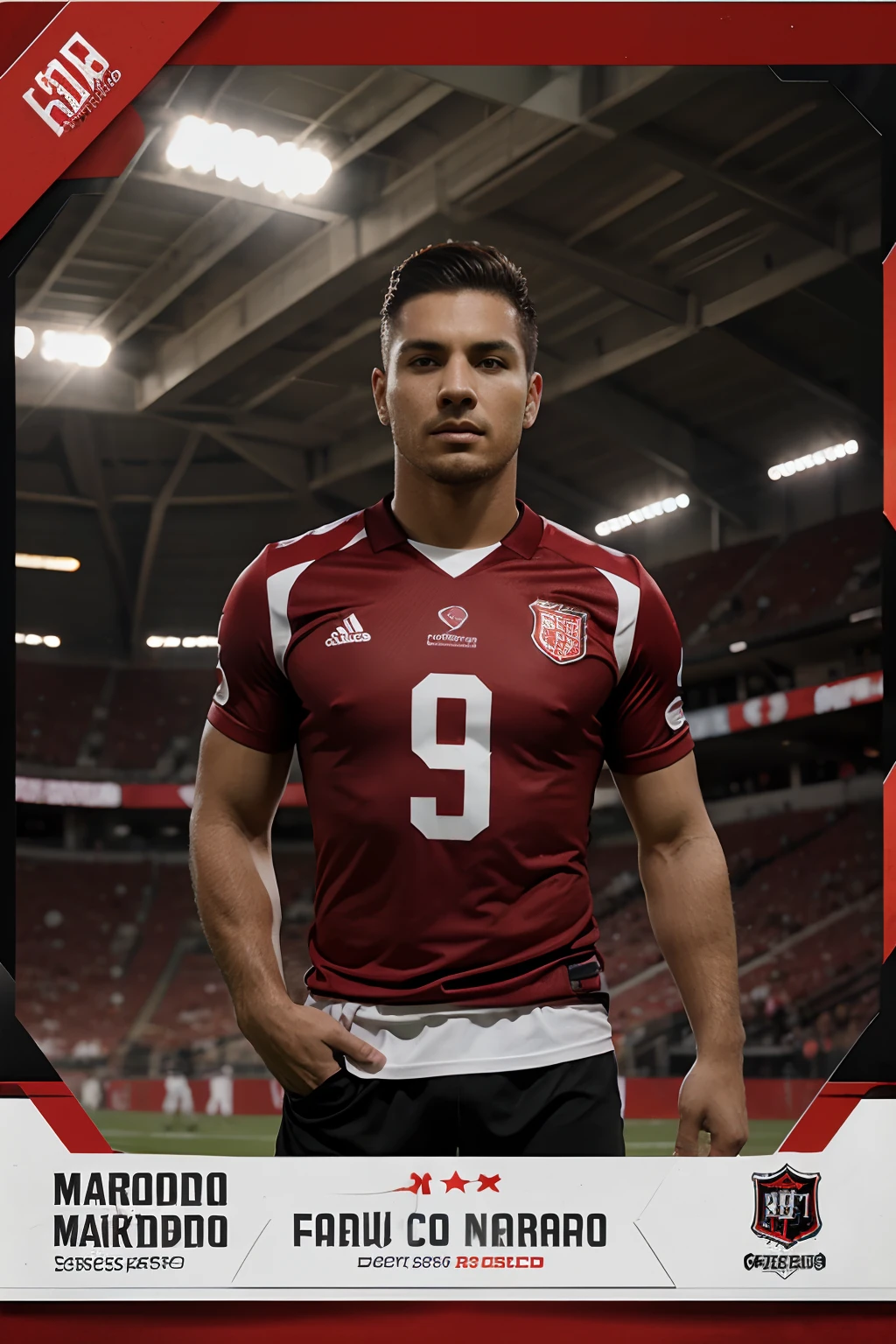 Football Card Template Mockup, obra maestra, Spectacular design, Great design quality, Marco dorado, fondo blanco y negro y rojo