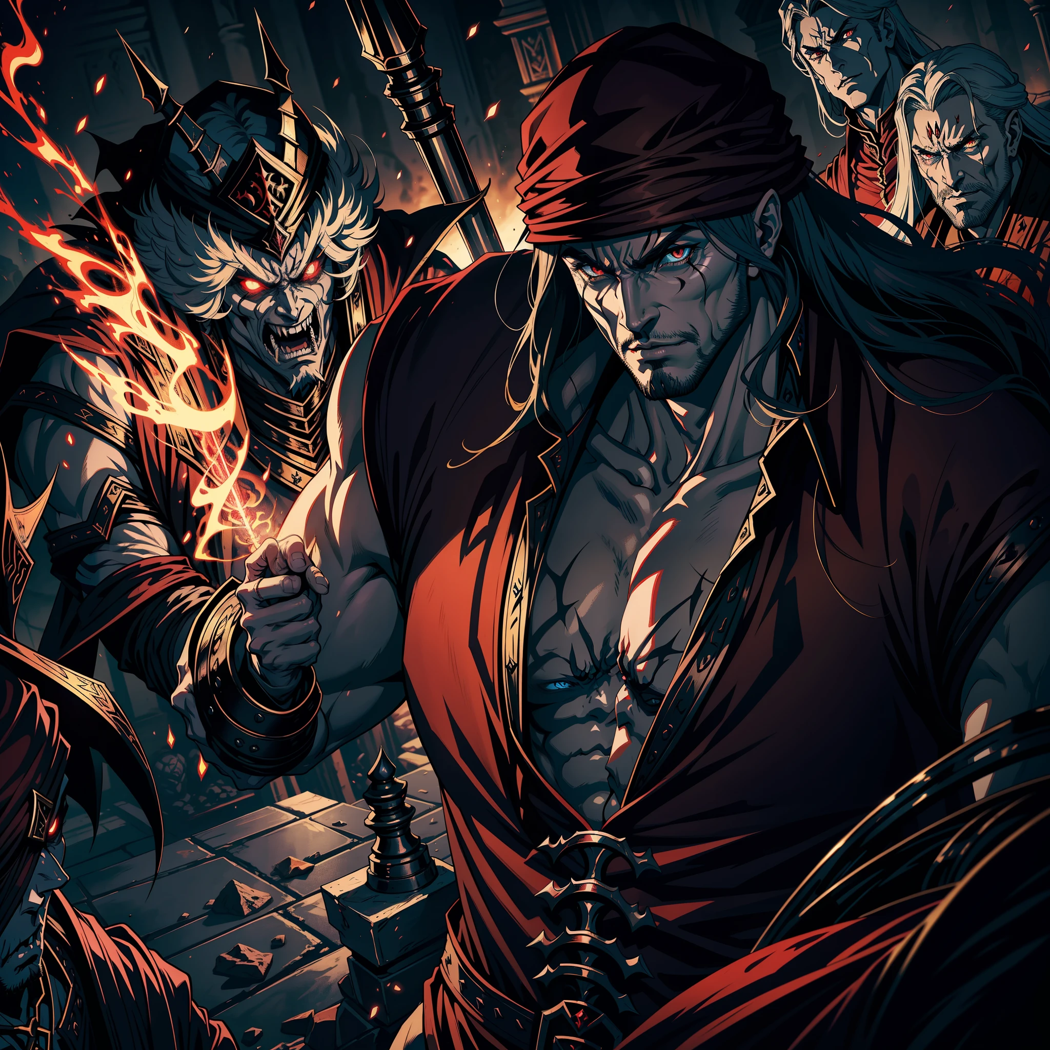 Castlevania Hyper Realistic Shadow Lord Super Detailed Dynamic Shooting Lord Dracula Centerpiece Medieval Arab Warrior with Red Turban Scary Face Hokuto No Ken Structure Muscular Face Kenshiro Leading Troops Army of Demons to Fight Sharp Details Cinematic Scenes Epic Movie Legendary Movie Hyper Realistic Portrait Zoom