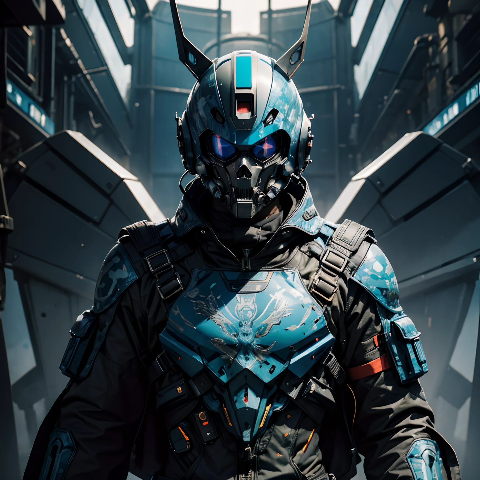 Cinematic shot. A half body shot of a man wearing futuristic EVA-01 helmet with skull mouth mask. fine details artificial silicon muscles, intricate fine details glowing blue circuit board line tattoo forearms, fine details techware blue digital camouflage parka military uniform. hand in salute pose. fine details military camp in forest background. Octane 3d render, 132k, 1/350s, f/3.8, ISO/100, high resolution,  very detail, ceramic dull finishing effect. Hyperrealism image.