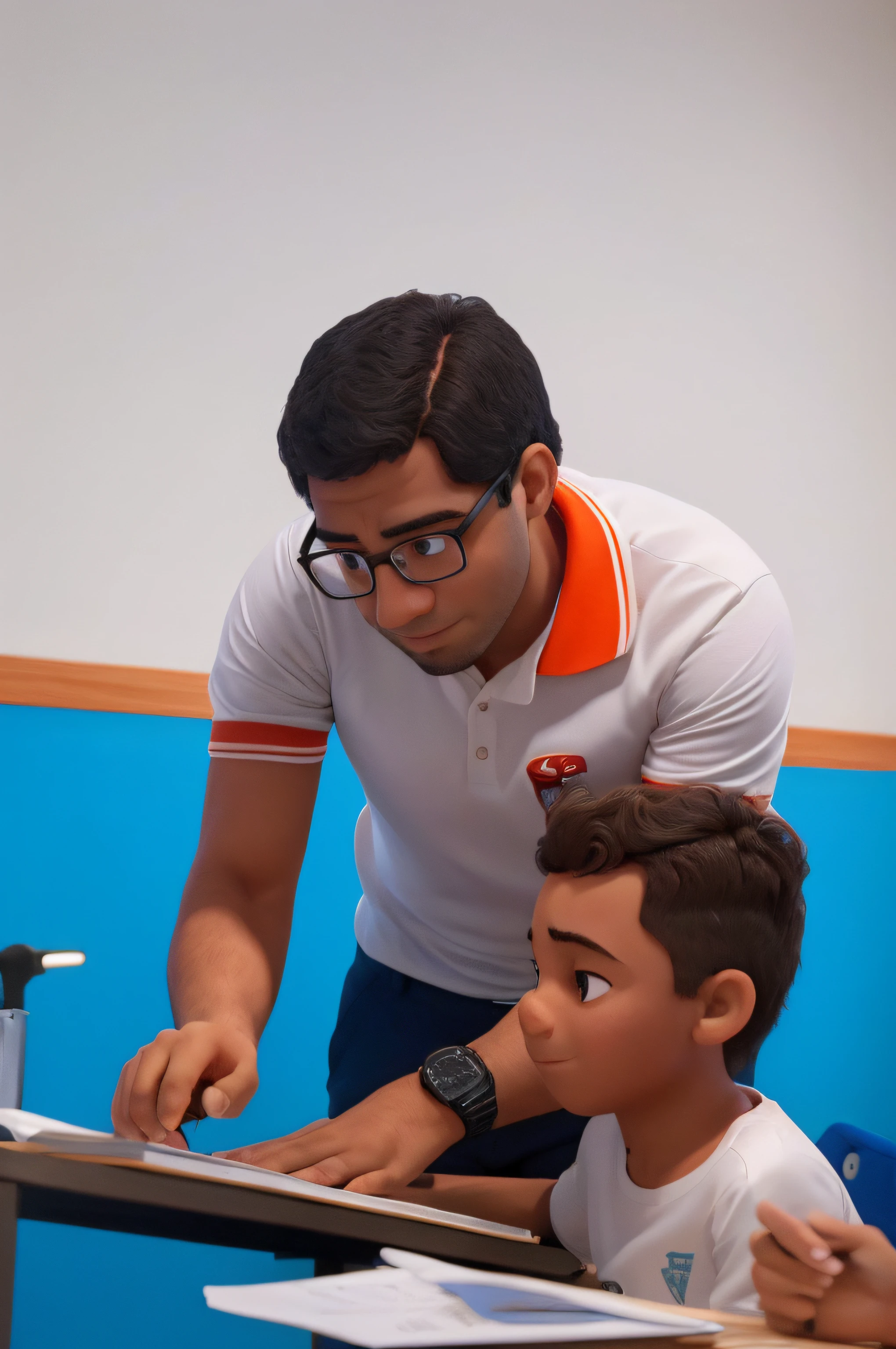 Professor ajudando um aluno com a atividade. The teacher is wearing a white shirt, and so does the student. The two of them are in a room with a light from above, a sala tem paredes azul com branca.