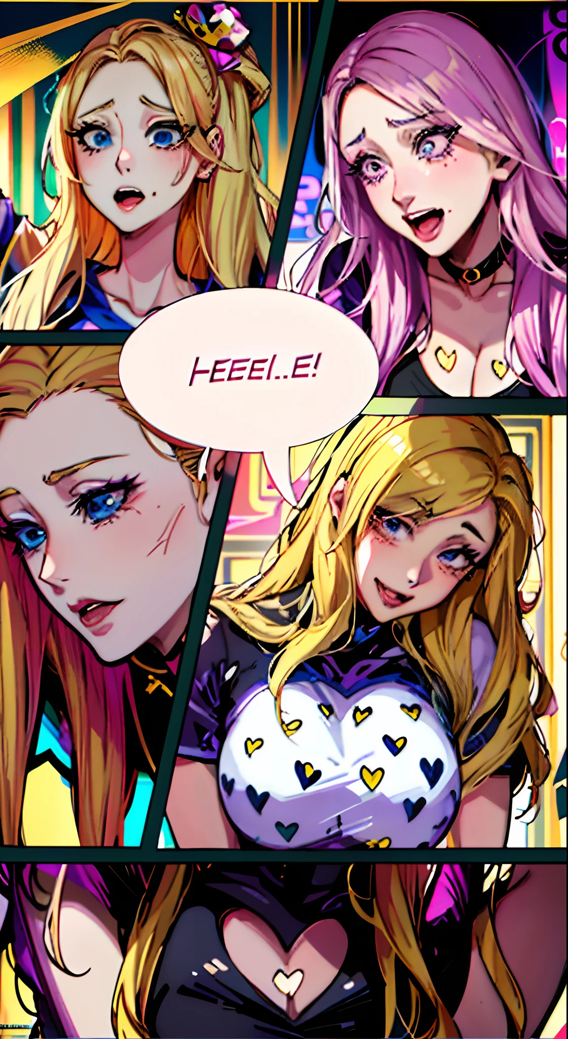 A comic book，There are two girls' hearts on it, kda, Comic Shade, so happy that her face hurts, epic feels, Manhwa Style, jojo anime style, Manhwa Style, she has a cute expressive face, loish |, marvelous expression, ahegao, Blonde, ahegao face, comic drawing style, Ashe, comic artstyle