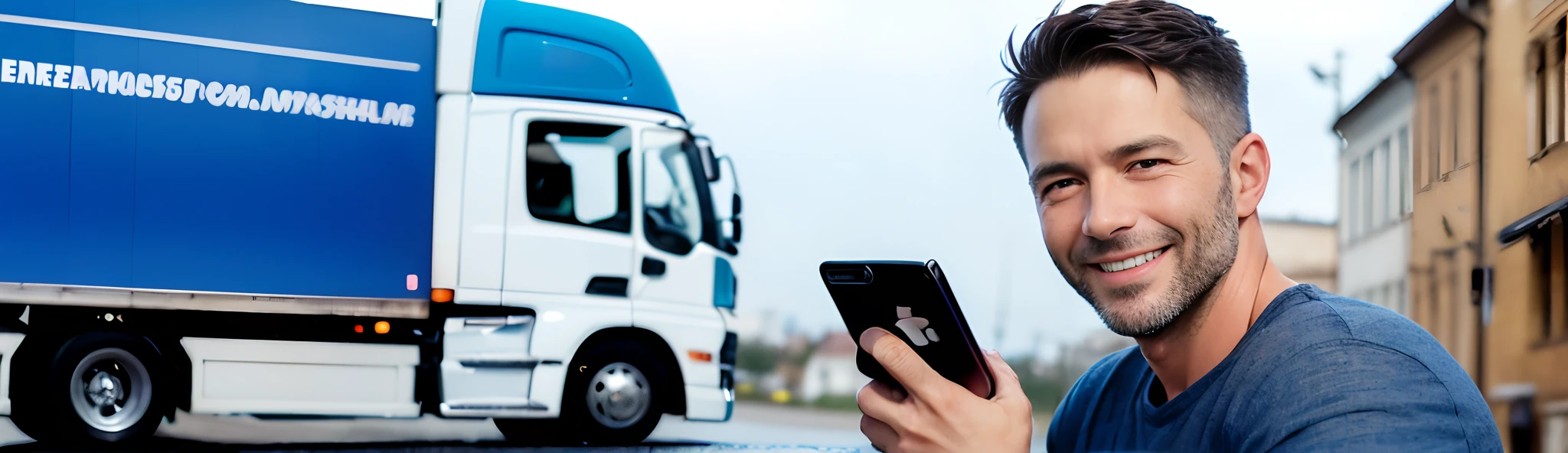 (((European man in his 40s smiling and showing his smartphone))), (((Truck in the background))), blue theme