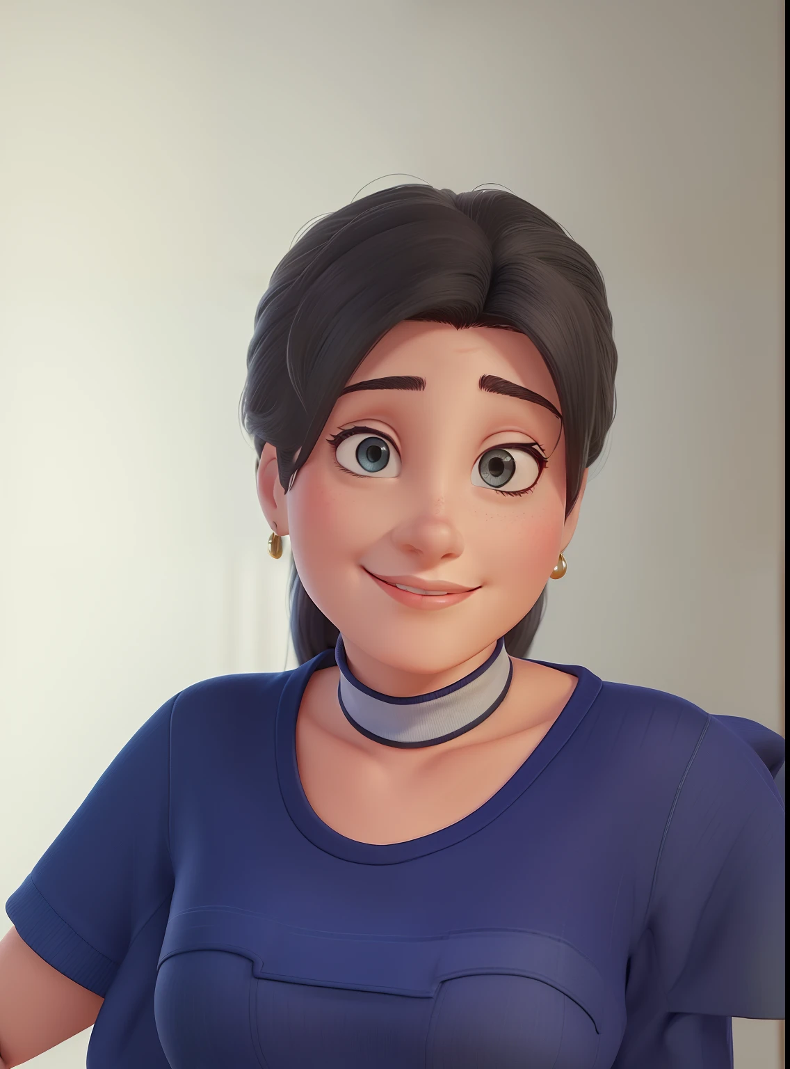 Mulher branca com cabelo grisalho curto, boca grande, olhos castanhos claros, Wearing jeans and a black polo neck polo blouse, 47 Anos, Estilo Disney Pixar