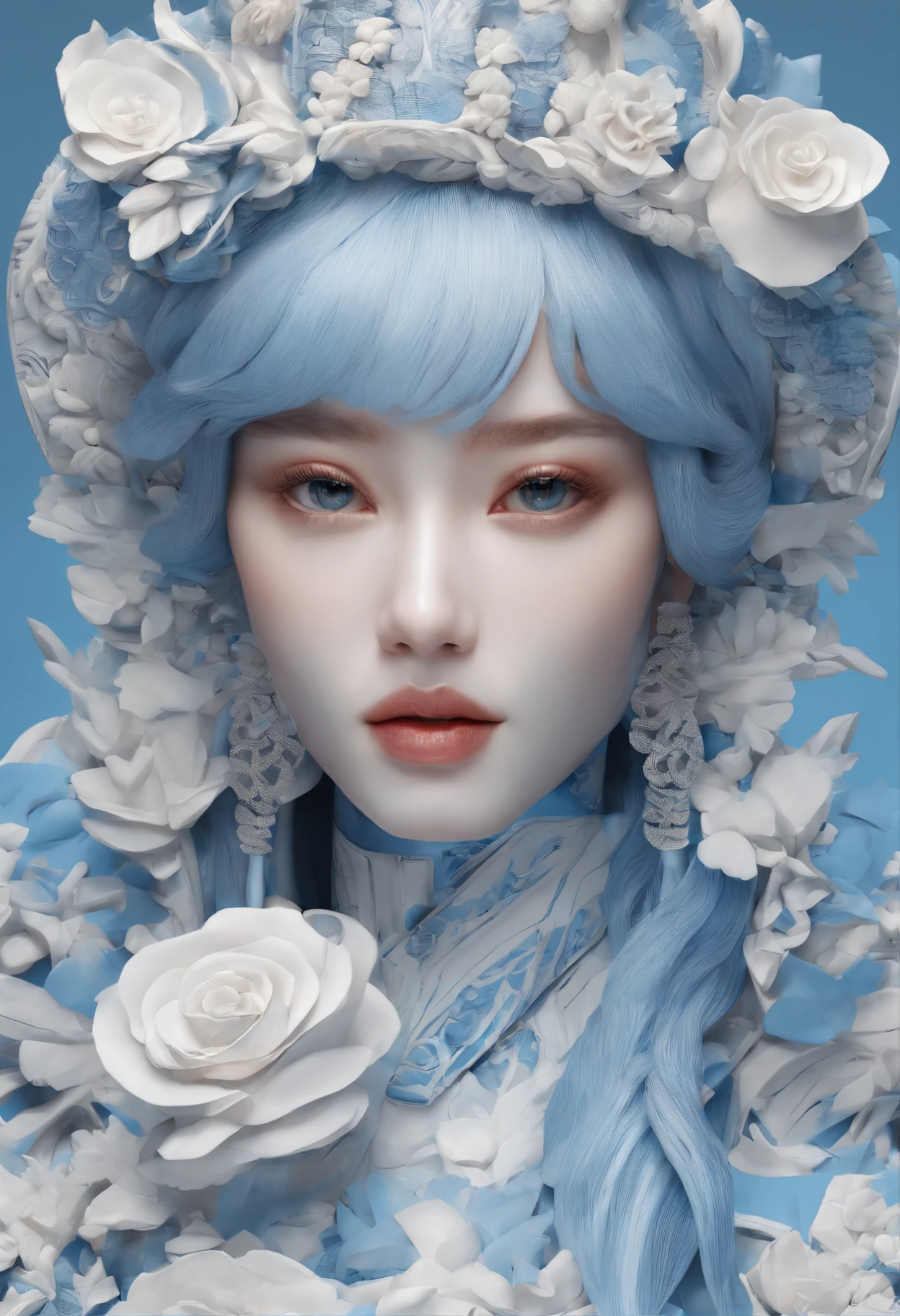 Blue and white porcelain,Ceramic material,femele,Embossed petals,artwork of a,Long hair, Ancient Chinese style,long eyelasher, solid circle eyes, Fake animal ears, Light smile, Ear blush, Fang, Striped hair, beret, beret, surrealism, shadowing, anaglyph, stereograms, tachi-e, angle of view, Atmospheric perspective, 8K, Super detail, ccurate, Best quality