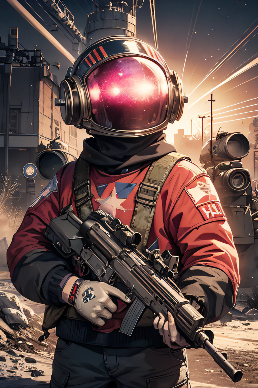 A Modern Soviet toon Crazy whit a Big ONE a Only Eye Robot and tatoo CCCP Soviet, and helmet Style, tongs in hands, Tv head, pinhead,  camouflage Gold Silver Pink Rusty,  Ambient in a meteorite crater super detailed, center, beautiful,  soft lighting, focused on the character, 4K resolution, photorealistic rendering,