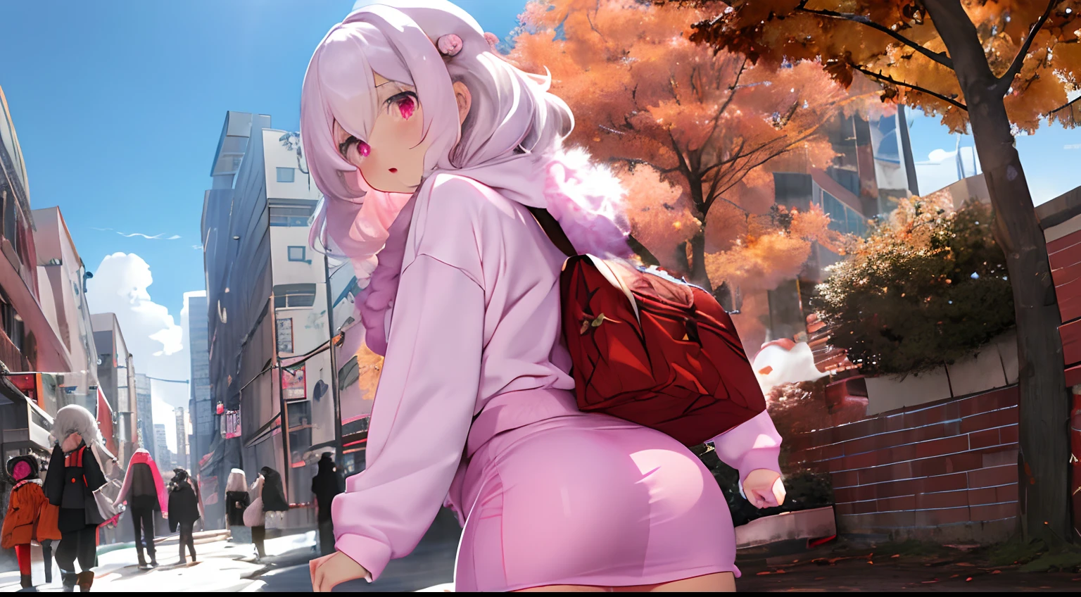 fluffy hair,white  hair,Eyes are pink,all-fours,stick out buttocks,Clothes with long sleeves that look warm,red tide,Look back in embarrassment,Brick foreign cityscape,Autumn outfit,oversize clothes,Men's T-shirts,Long skirt in pink color,The length of the hem so that the buttocks are visible