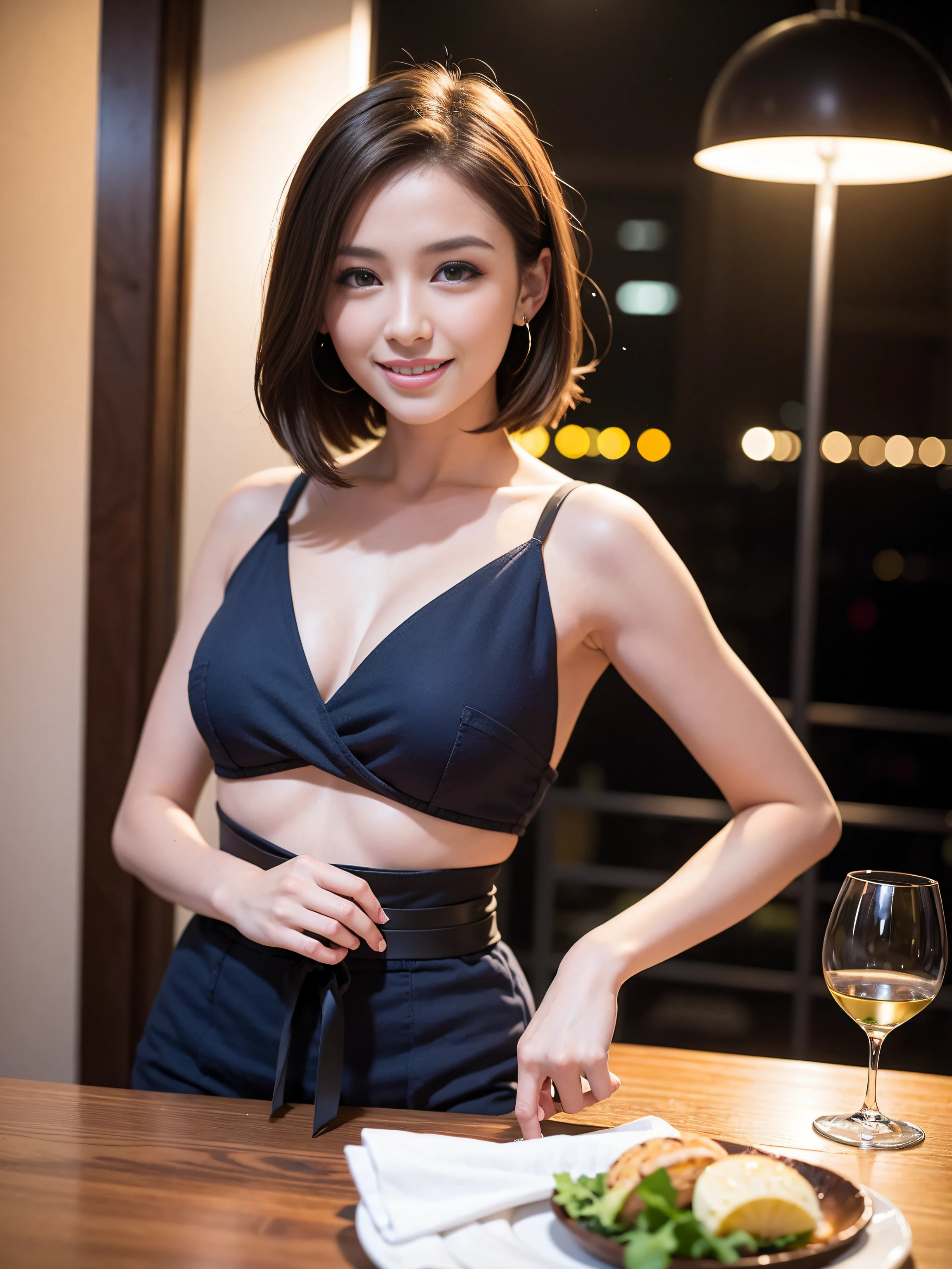 (64K, UHD, top quality, masterpiece: 1.2), (realistic, photorealistic: 1.37), super detailed, pretty woman 1 person, (slim face), (slim body), (brown hair), (short cut), cheeks slightly blushing, (44 years old), 38 years old, solo, beautiful detailed urban night view outside the window, restaurant, wine glasses sit, at night, in a prominent placeNovaFrogStyle, Actress, Model, Waist Up, White Wine, Slim, Wine Glass, Super Clean Night View, Wine Glass Put in the Middle, Happy Smile, (Smile: 1.15), Beautiful Fine Eyes, Upper Body, Bust Japan Up, Night, Short, Short, Actress, Model, Waist Up, White Wine, Slim, Wine Glass, Super Clean Night View, Wine Glass Put in the Middle, Happy Smile,
