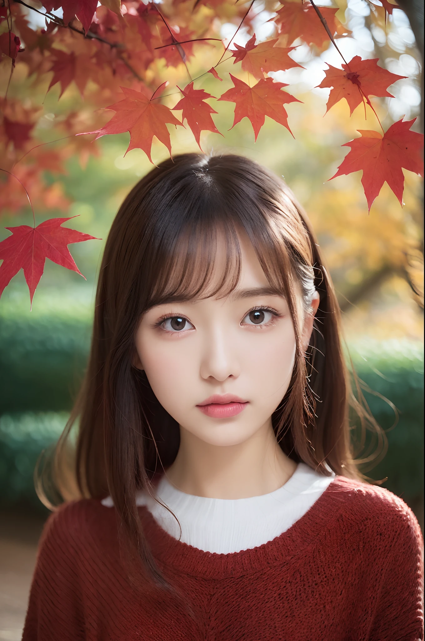 ((in 8K, Raw photography, Highest Quality,realisitic, Photorealsitic:1.3)),((,Extremely delicate and beautiful,Highly detailed, finely detail,ultra-detailliert, High resolution:1.3))、japanes, femele, (17 age), Viewer's Perspective, Beautiful and shiny straight semi-long hair, see-through bangs, Embarrassed look, Half-open lips, Draw poses and angles randomly, (Beautiful fece:1.2), (kawaii:1.3) Autumn leaves in the background　optic　Three-dimensional feeling　Autumn foliage Autumn light. Oversized knit sweater in red wine color　((kawaii:1.3))