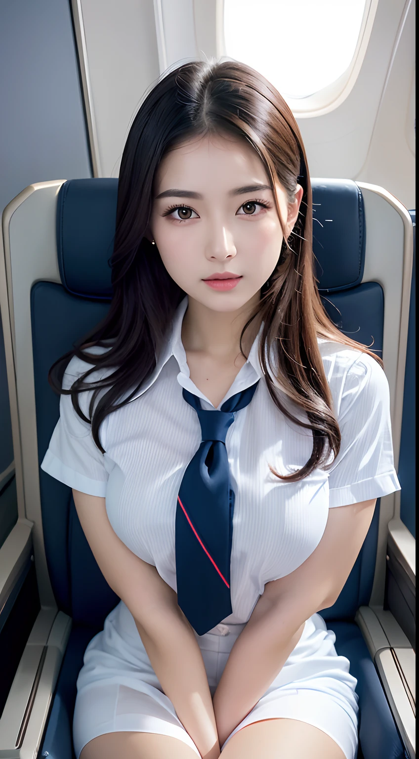 Top Quality, Masterpiece, 8K, Ultra High Definition, (Photorealistic: 1.4), 1 Girl, Beautiful Face, Symmetrical Eyes, Big, Perfect Body Proportions, Stewardess Uniform, Viewer's Look, (Inside the Airplane: 1.2), Front View, Shoulder Jump, Absolute Area (1.3),
