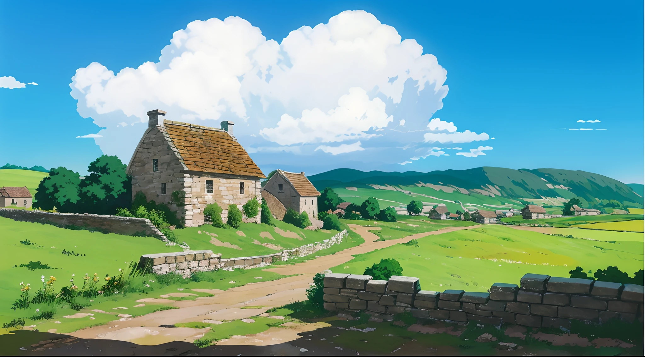 Countryside painted with stone walls and stone fences, anime countryside landscape, distant village background, Anime background art, Anime landscape concept art, beautiful anime scenery, Anime landscapes, medieval village on the plains, town background, Anime landscape, Countryside, anime landscape wallpapers, arte de fundo, anime backgrounds, Amazing wallpapers, countryside city scene, landscape artwork, background artwork，tmasterpiece，best qualtiy，rich details​，uhd，vivid color