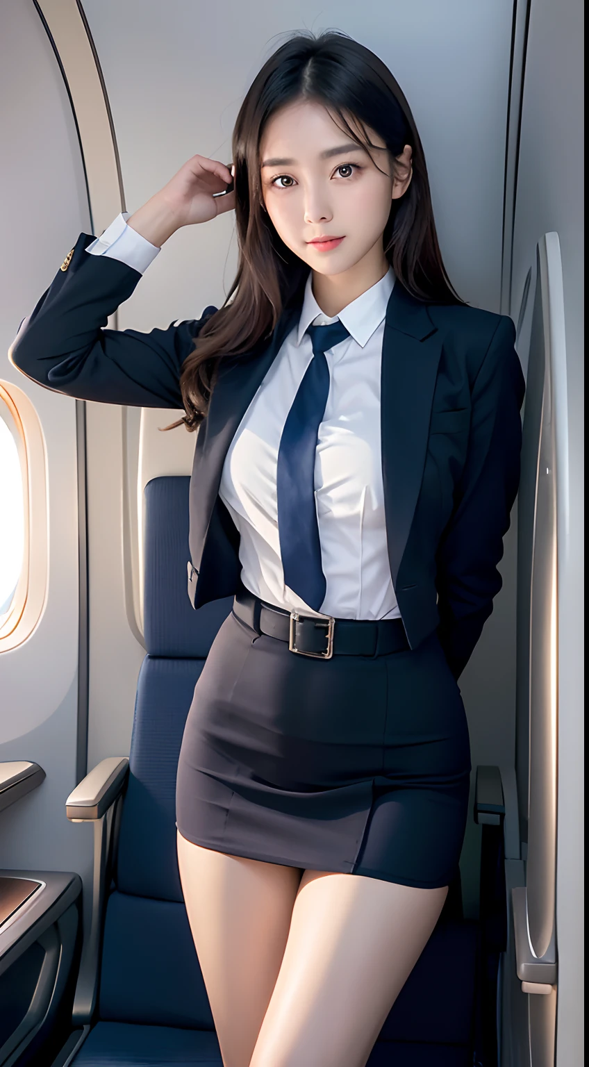 top-quality, masterpiece, 8K, 超A high resolution, (Photorealsitic:1.4), 1girl in、beautiful countenance、symmetrical eye、Colossal tits、Perfect body proportion、Stewardess uniform、Look at viewers、(Inside the plane:1.2)、front-facing view、Shoulder、Absolute area(1.3)、Korean Idol、Nogizaka Idol、hposing Gravure Idol、Adults、女優、cute little、