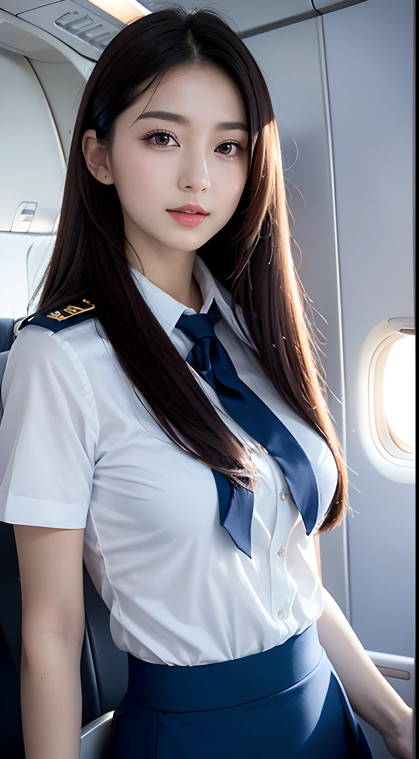 top quality, masterpiece, 8K, Super high resolution, (realistic:1.4), 1 girl、beautiful face、symmetrical eyes、giant 、perfect body proportions、stewardess uniform、clean legs、look at the viewers、(inside the airplane:1.2)、Looking straight ahead、shoulder、absolute area(1.3)、