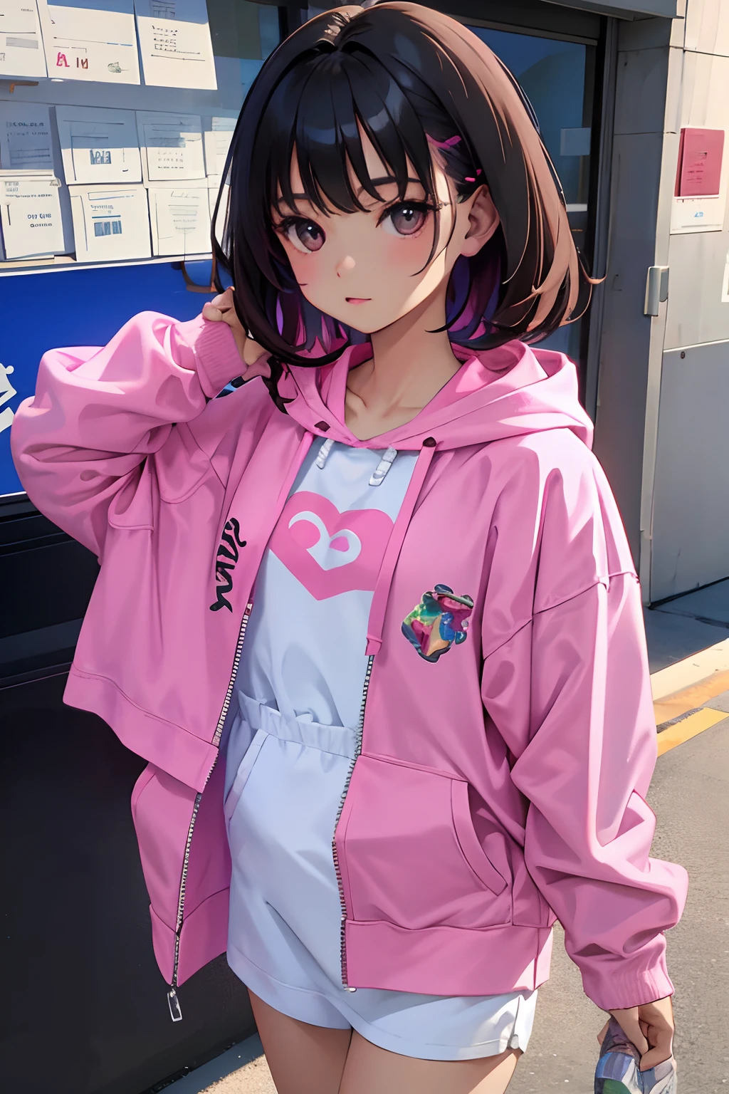 child,(masterpiece,Highest Quality),Light pink sheer hoodie,plaid skirts,A dark-haired