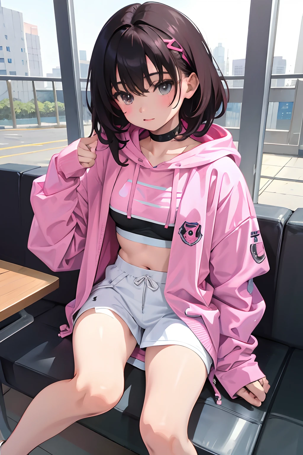 ，（​masterpiece，Highest Quality），Sportsbra，Pink sheer hoodie，A dark-haired