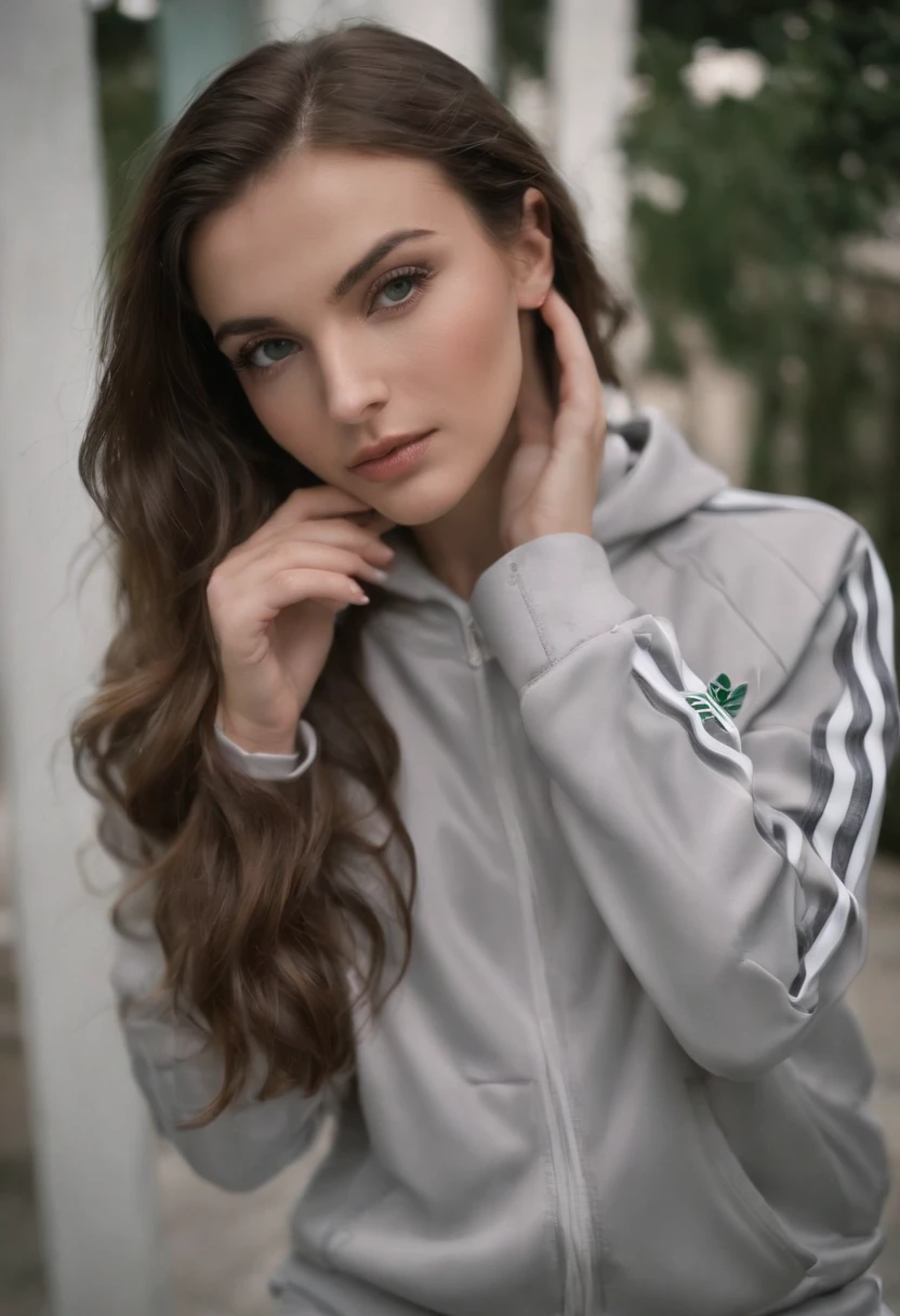 light Adidas Tracksuit, aditracksuit, In the style of the Dusseldorf School of Photography, thoughtful portrait, Kodak Door, Rafal Olbinski, John Nouvel, Photo taken with Provia, silver with green eyes a young 21-year-old look sexy stretchy