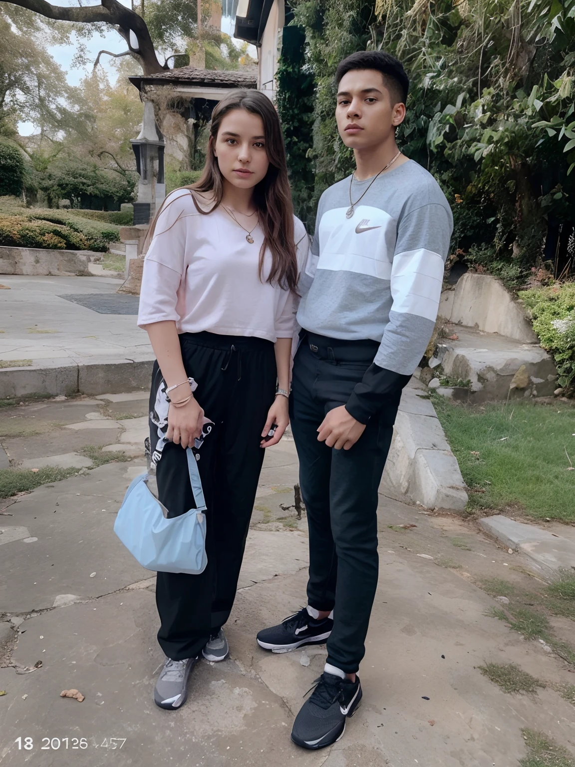girl and boy, a couple love, 4k, very detail, realistic, necklace, many bracelet, nike shoes, full body, see viewer, 25 years old, scary face, grey theme, fancy