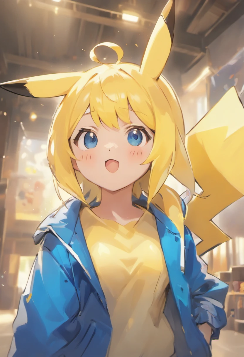 (best quality,4k,8k,highres,masterpiece:1.2),ultra-detailed,(realistic,photorealistic,photo-realistic:1.37),Pokémon: Pikachu,white shirt,blue jacket,painting,illustration,anime style,vibrant colors,warm lighting