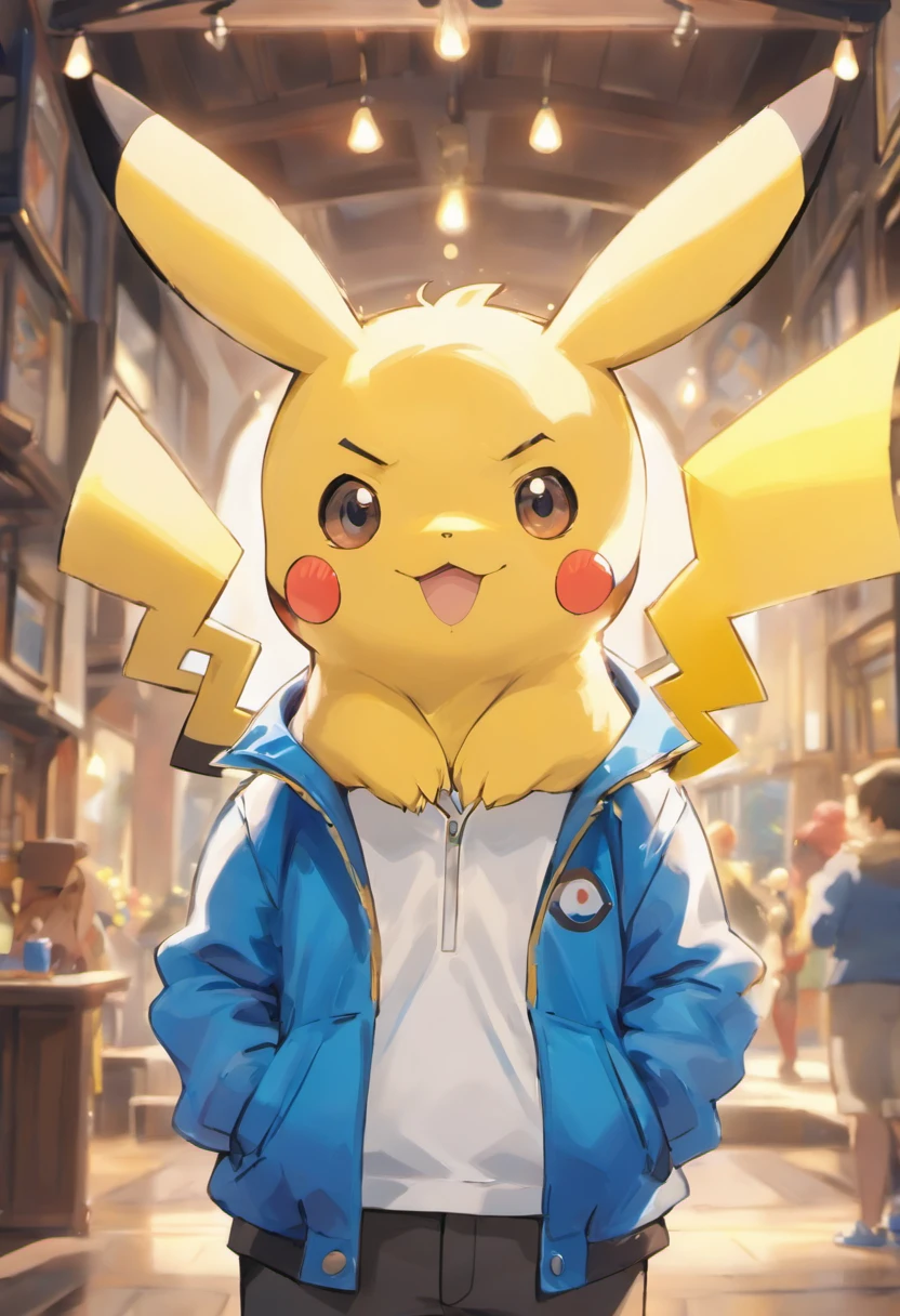 (best quality,4k,8k,highres,masterpiece:1.2),ultra-detailed,(realistic,photorealistic,photo-realistic:1.37),Pokémon: Pikachu,white shirt,blue jacket,painting,illustration,anime style,vibrant colors,warm lighting