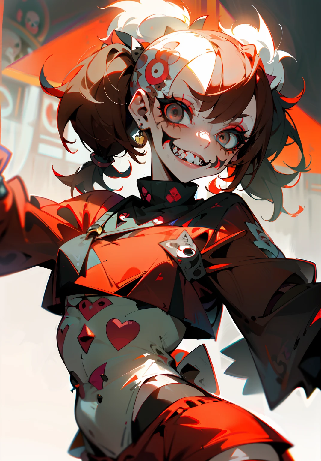 1GIRL, insane clown girl, skull face, halloween theme style, laughing hesterically, sharp big smiling teeth, bomb, finely detailed, (best quality), (intricate details), cute style, loli, jester style, multicolored, circus background with red curtains, place on fire hell, ((long brown hair in pigtails)), best quality, ((long sleeve shirt and shorts)), ((red and white clothes)), ((jester style clothes)), ((thigh high socks)), ((round eyes)), ((has jester makeup)), beautiful face, happy, cute face, pinup, perfect face, simple background portrait(masterpiece: 1.2, best quality), (real picture, intricate details), (1lady, solo, upper body, big tits) Clothing: sharp, stylish, cool, fashionable, non-standard, avant-garde, experimental Appearance: shaved head or bold hair color, spectacular makeup, unconventional fashion choices, rock star Behavior: rebellious, non-conformist, provocative Venue: Urban Art District, Underground Music Scene Hobbies: attending punk shows, creating art in mixed media, experimenting with different subcultures Values: individuality, authenticity, creative expression Sources of inspiration: punk rock, counterculture icons, avant-garde art movements Character traits: bold, daring, non-standard.