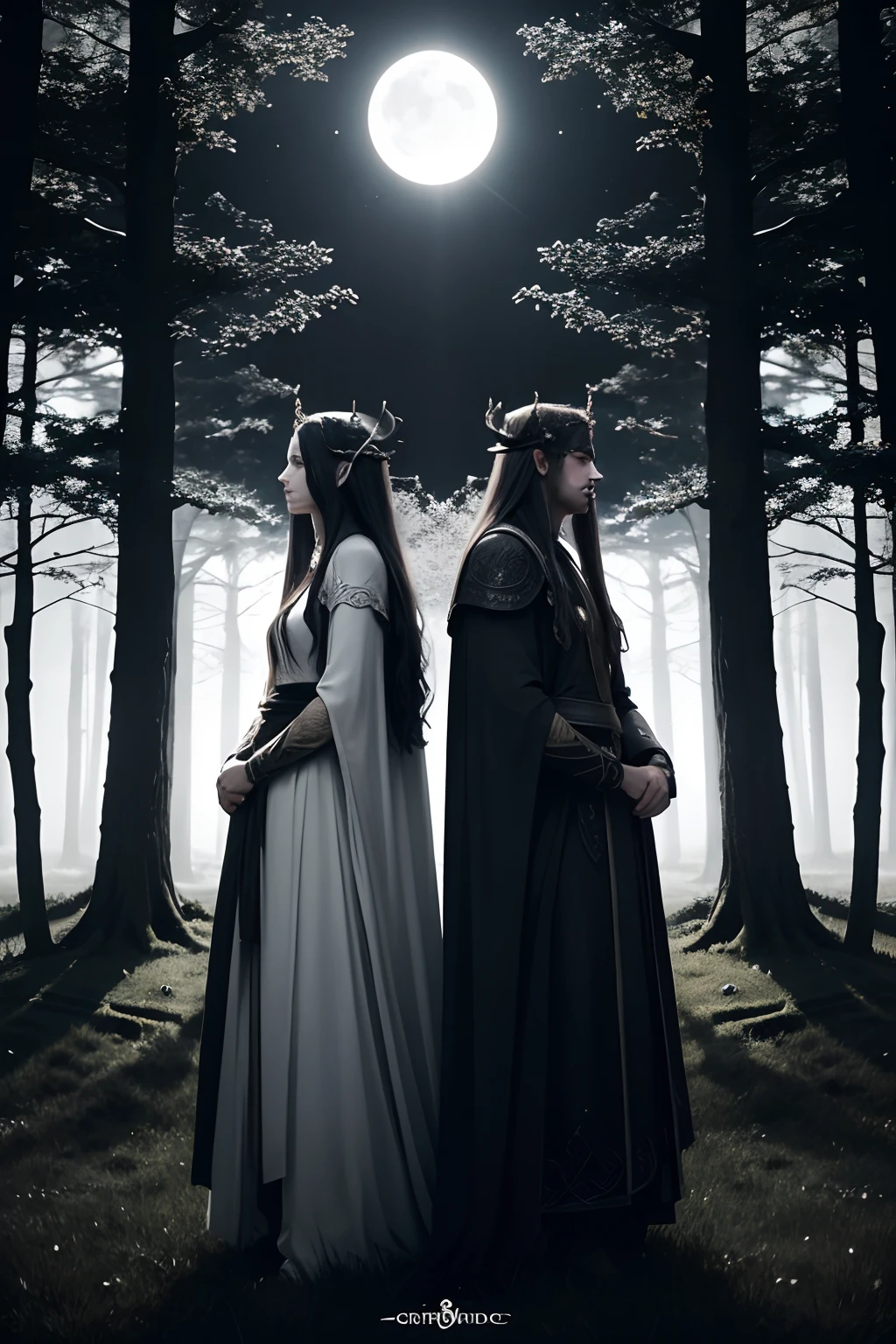 Two druids back to back, half body photo, blindfold, half light, in nature, split background, light and dark, moon and sun, deer antlers, god and goddess, celtic druids, celtic rivals, hades and persephone , dnd, fantasy, epic, american angle, half light half darkness, half elf, rivals, brothers, life and death ambient, black and white clothes, elven crown