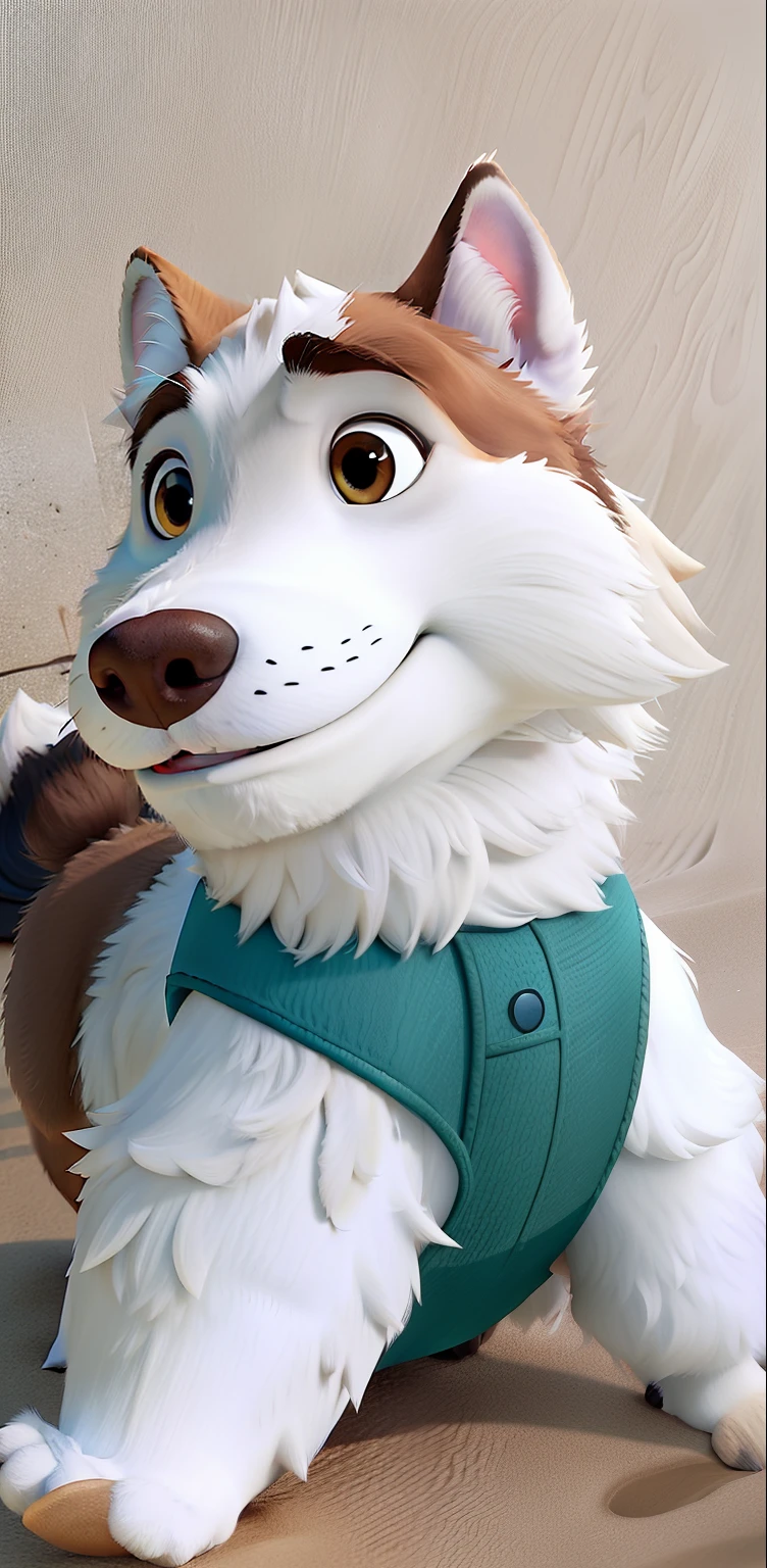 Criar um personagem no estilo Pixar da Disney, cachorro, husky siberiano, brown hair, paw hair in white color, olhos azuis, deitado na areia da praia