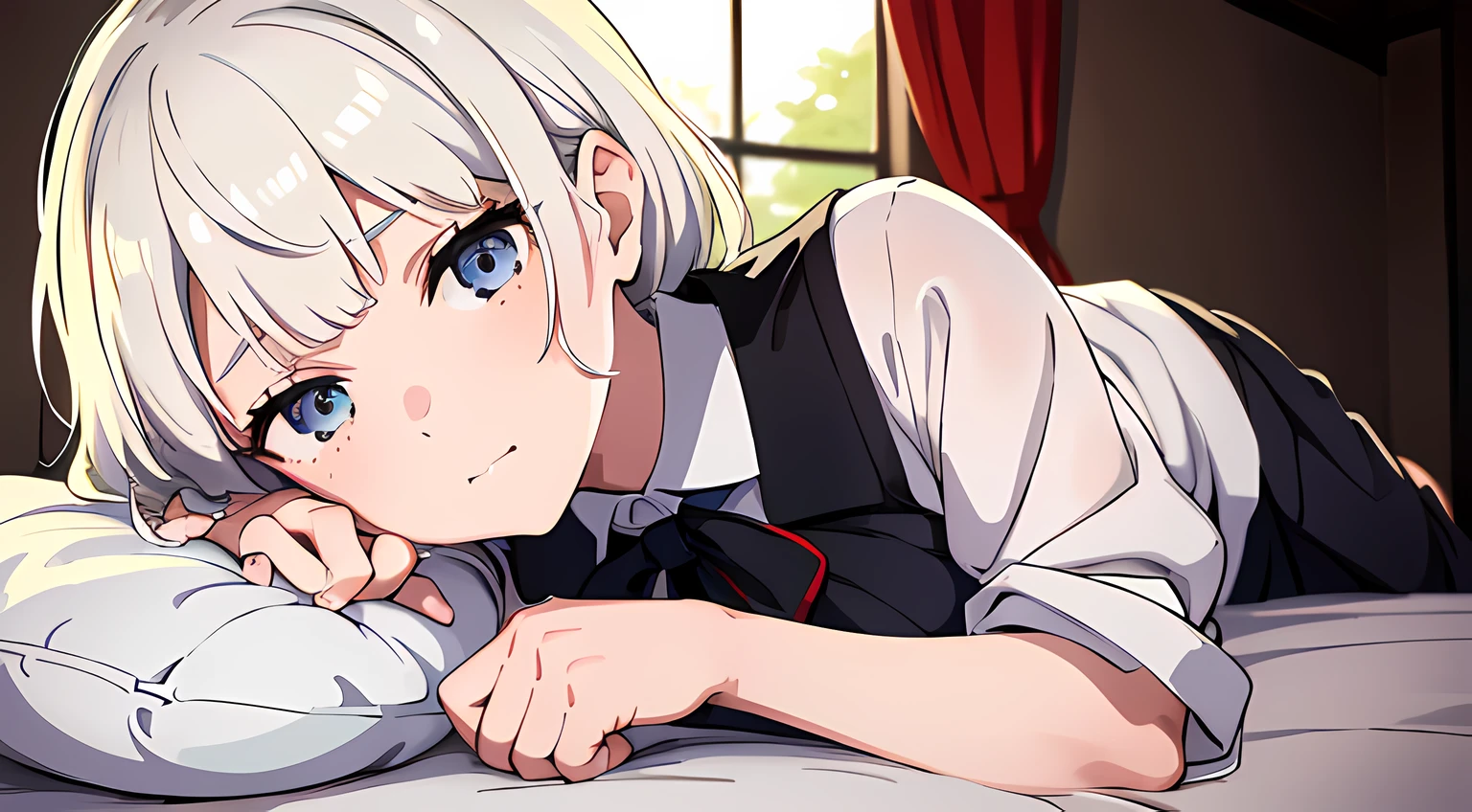 (2 girl in),(beautiful eyes finely detailed, Face to detail, white hair, black hair), wearing old school uniform, lying down her back in bed, horny and shy facial expression, looking at viewers, camera angle from front, full body, masterpiece sidelighting, ​masterpiece, top-quality, detailed, High resolution illustration