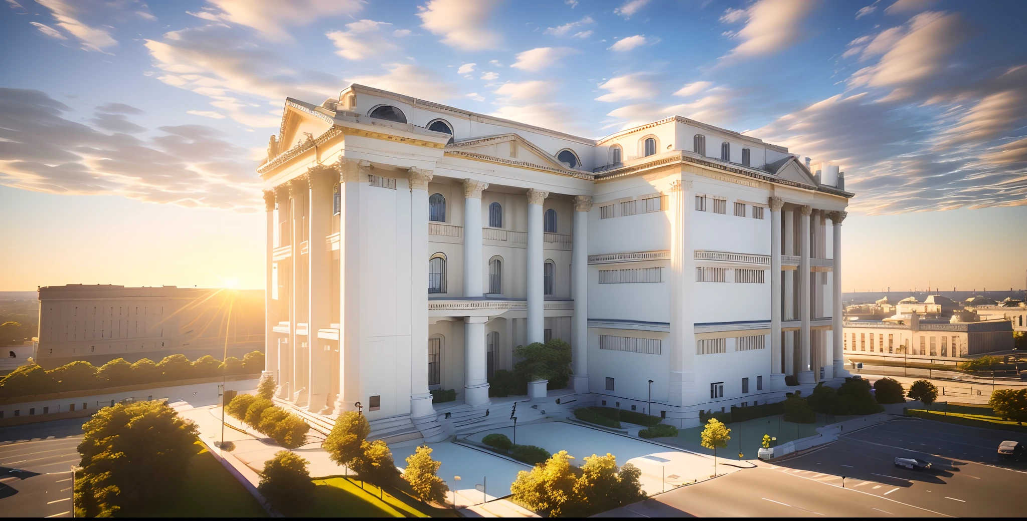 a rendering of a large white building with a lot of windows, neoclassical police station, architectural concept, building facing, office building, realistic building, neo - classical style, 3 d renders, rendered 3d model, architectural concepts, architectural render, architecture render, 3d final render, front view dramatic, architectural 3 d render, an extremely detailed building,blue sky,yellow sunshine,white clouds