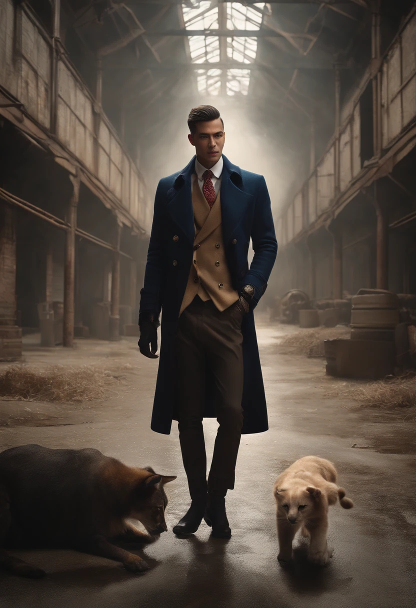 ((best qualityer)), ((ultradetailed)), ((tmasterpiece)), photography of, prix: Spacious abandoned warehouse, The subject: Anthropomorphic animal mafia, charact: Texugo, allure: Sun Wukong wears a trench coat, Other elements of the scene: Street perspective: Realisticstyle, Resolution: 4K.
