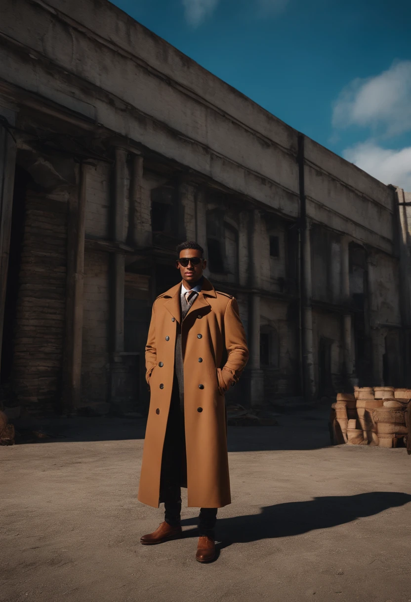 A man in a trench coat and hat standing in front of a building - SeaArt AI