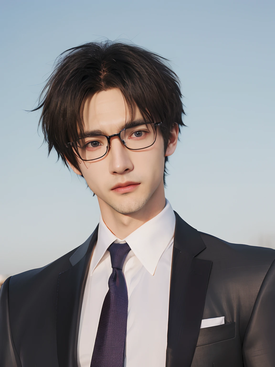 there is a man wearing glasses and a suit and tie, wearing a suit and glasses, strong jawline, realistic anime 3 d style, 3 d anime realistic, hyper realistic, photorealistic anime, anime realism style, portrait of a handsome man