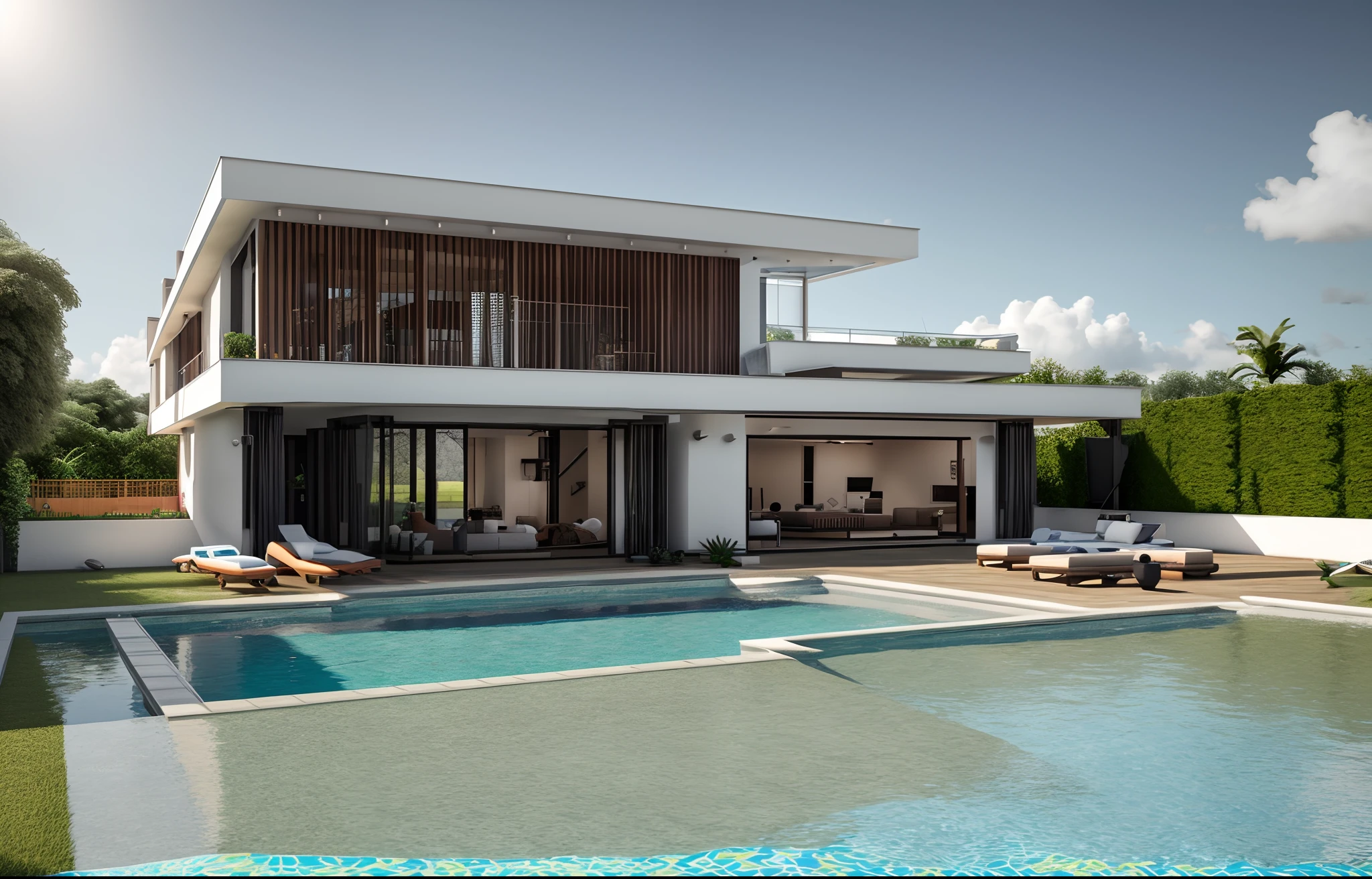 A MODERN VILLA WITH A realistic SWIMMING POOL, TROPICAL STYLE, sunny day, WARN LIGHT, realistic photo, 3d render, high quality,