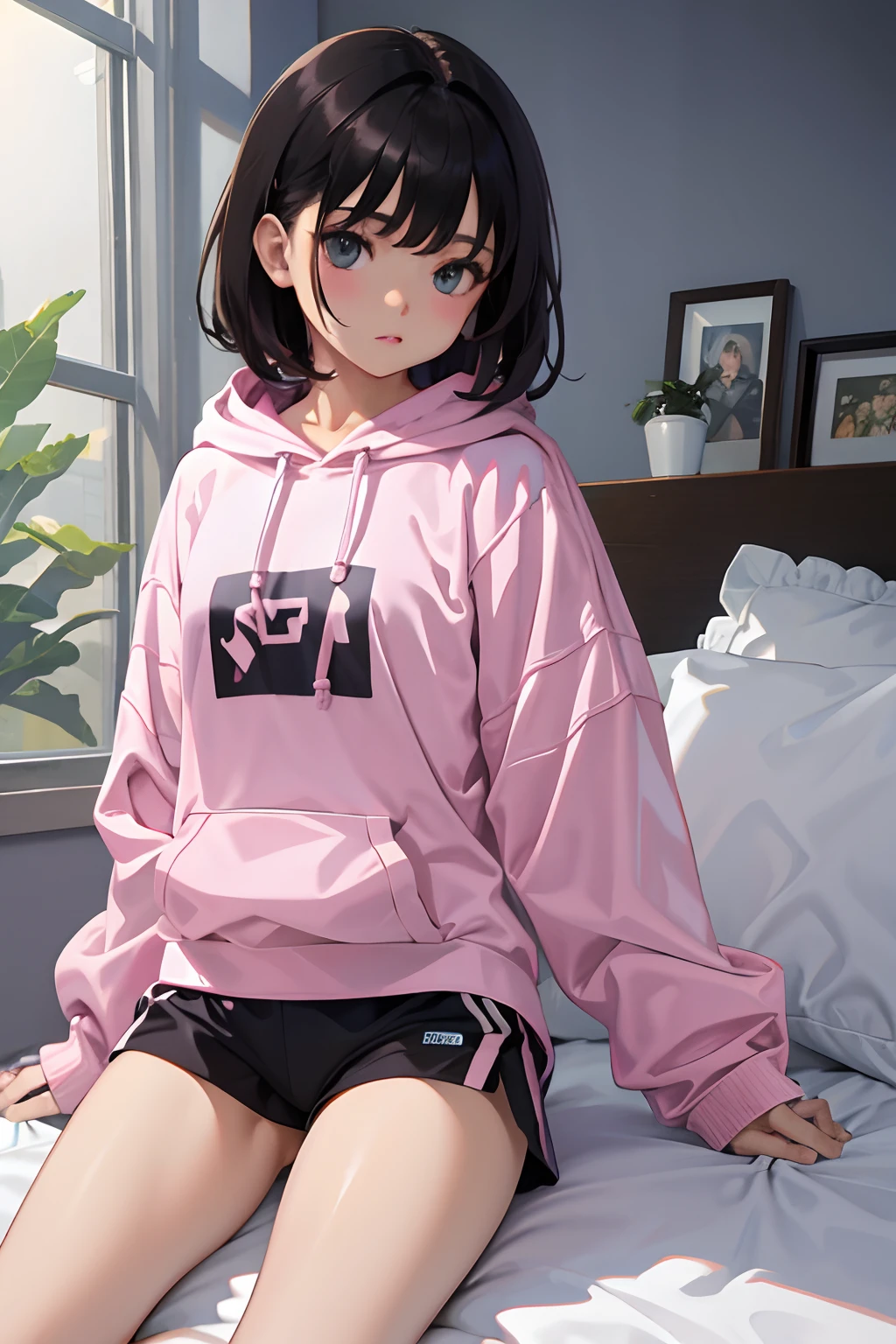 child,(masterpiece,Highest Quality),Sportsbra,Light pink sheer hoodie,A dark-haired